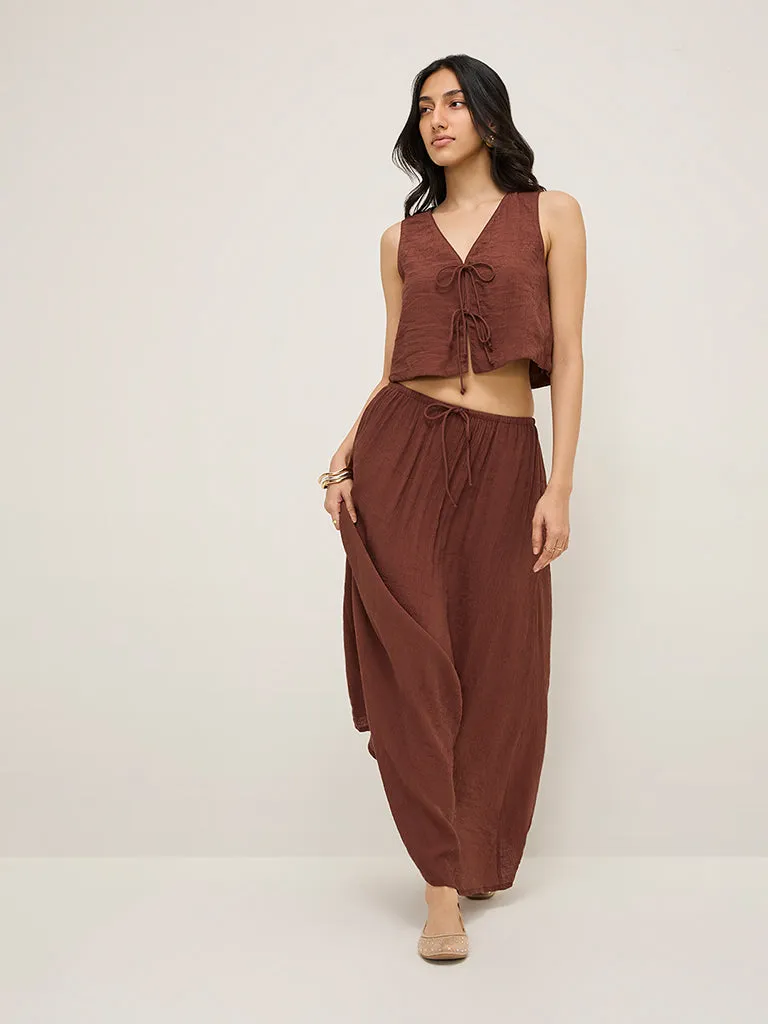 LOV Brown Crinkle Textured High-Rise Maxi Skirt