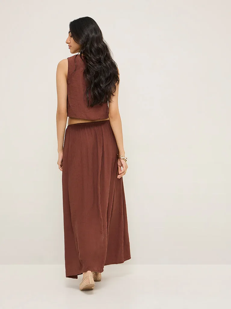 LOV Brown Crinkle Textured High-Rise Maxi Skirt