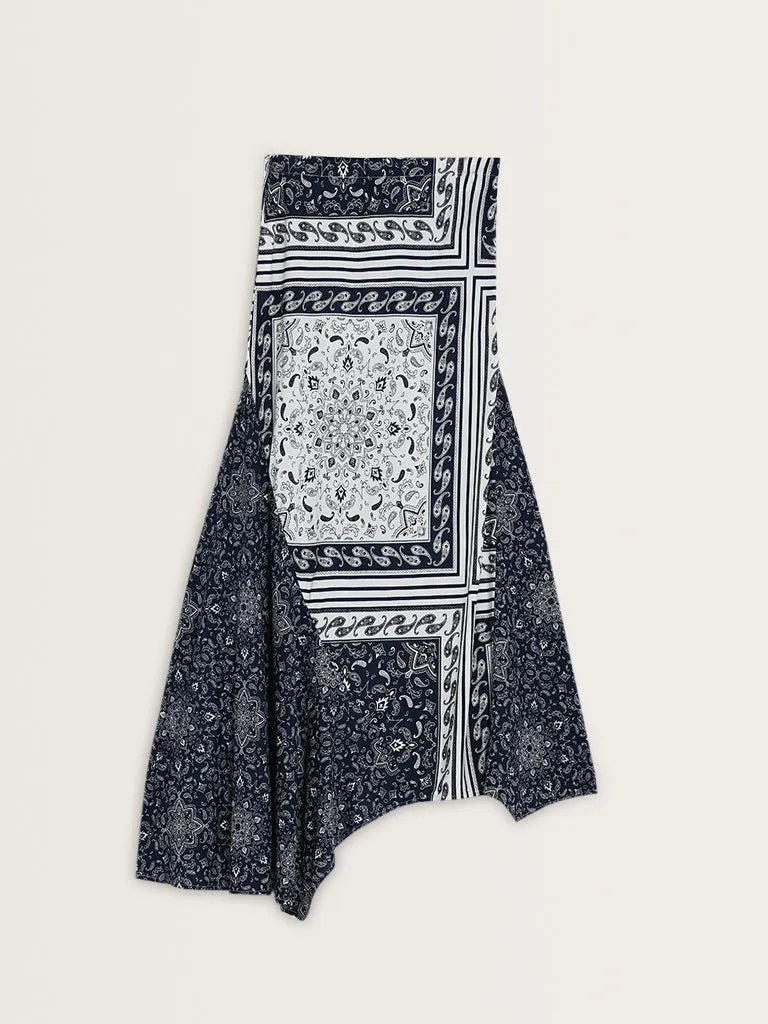 LOV Navy Paisley Printed High-Rise Skirt