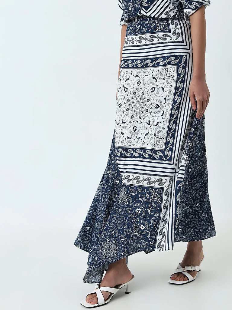 LOV Navy Paisley Printed High-Rise Skirt