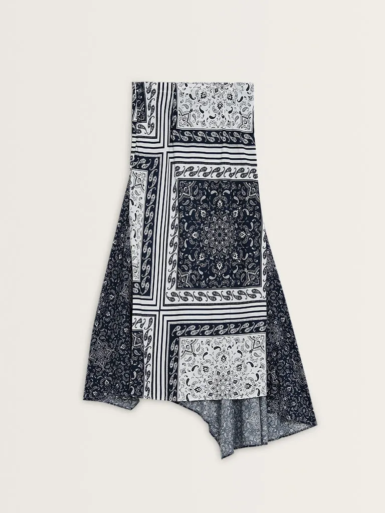 LOV Navy Paisley Printed High-Rise Skirt