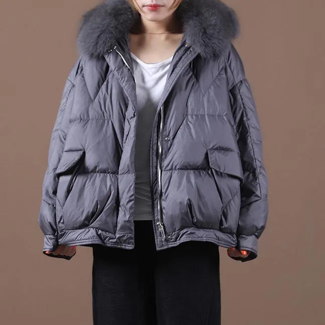 Luxury gray down jacket woman Loose fitting winter fur collar zippered hooded New Jackets