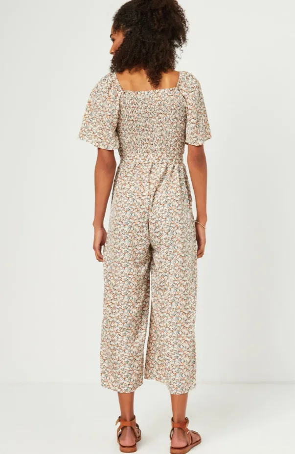 Madison Misses Floral Smocked Square Neck Palazzo Jumpsuit with Tie Belt S-L