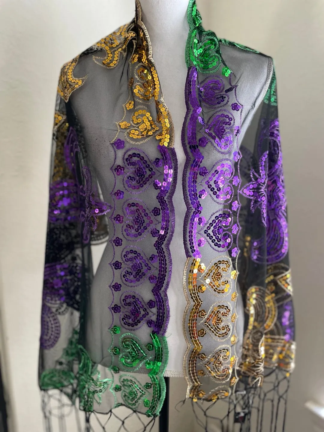 Mardi gras Sequin Fleur 'de Lis Fringe Oblong Scarf