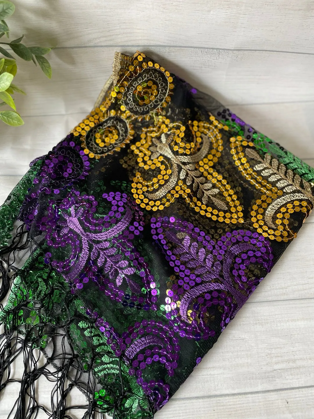 Mardi gras Sequin Fleur 'de Lis Fringe Oblong Scarf