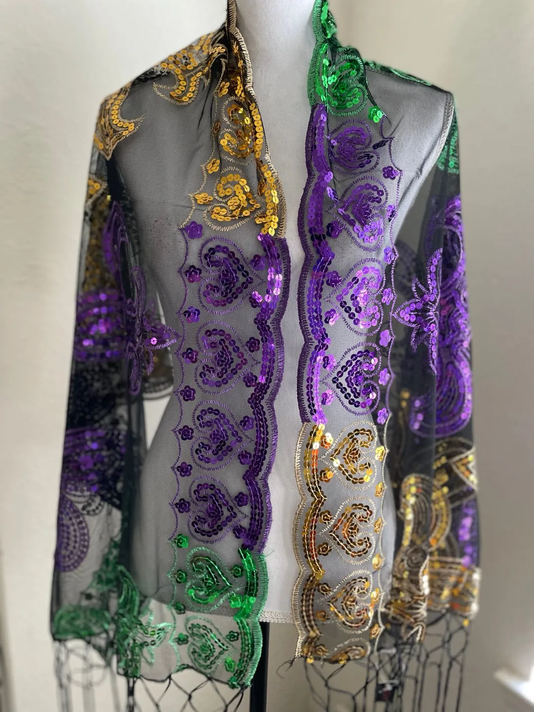 Mardi gras Sequin Fleur 'de Lis Fringe Oblong Scarf