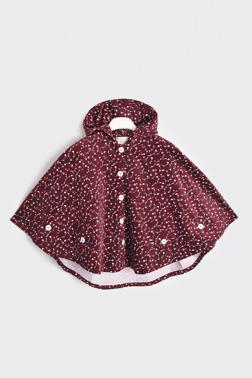 Maroon Floral Corduroy Hooded Cape