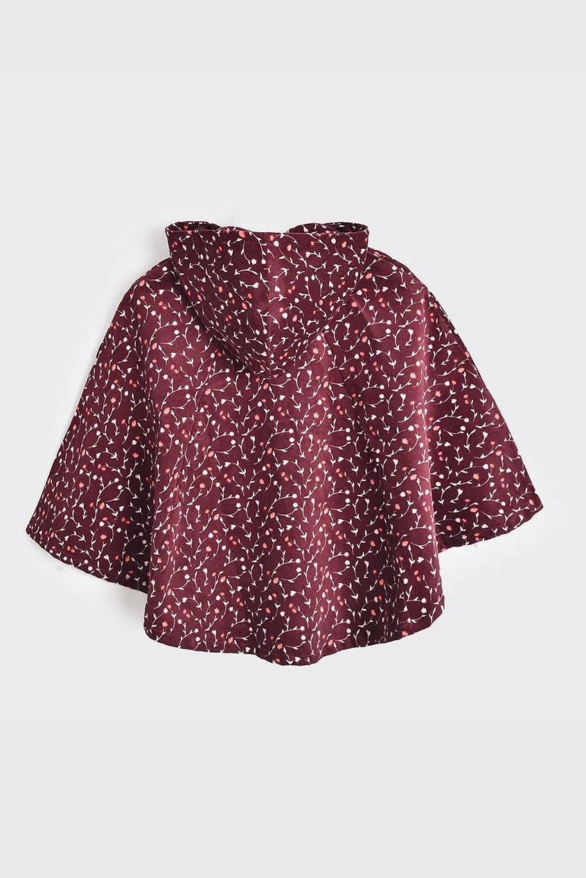 Maroon Floral Corduroy Hooded Cape