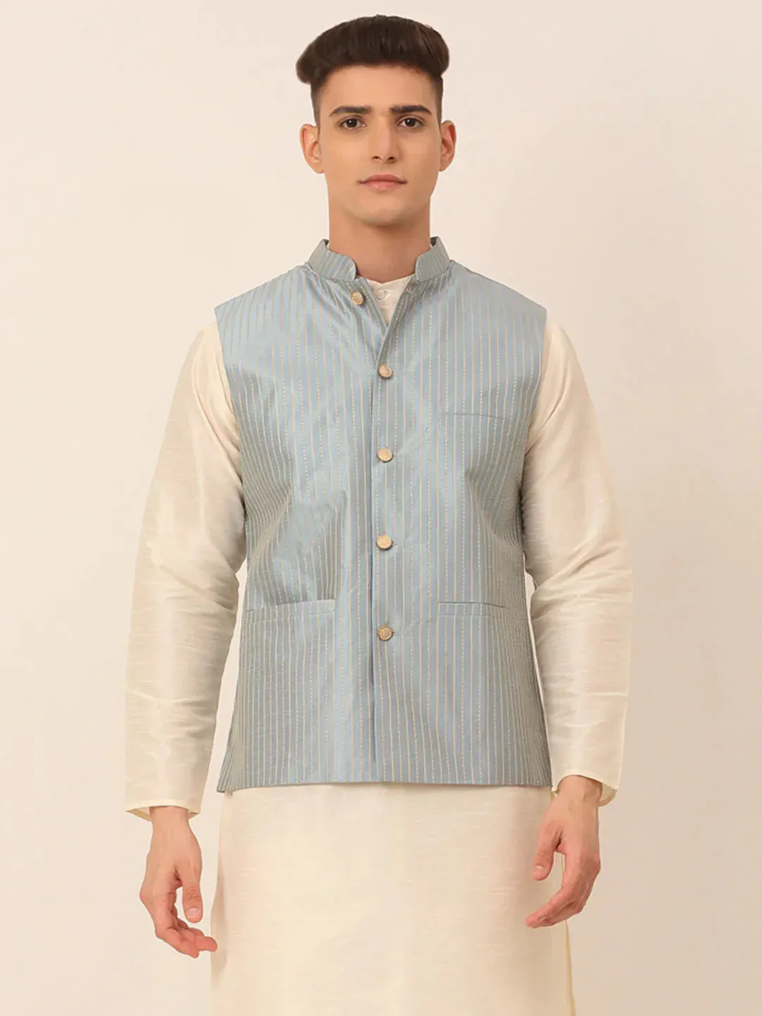 Men Blue & Golden Embroidered Nehru Jackets