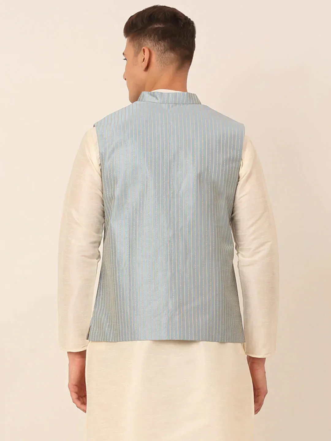 Men Blue & Golden Embroidered Nehru Jackets