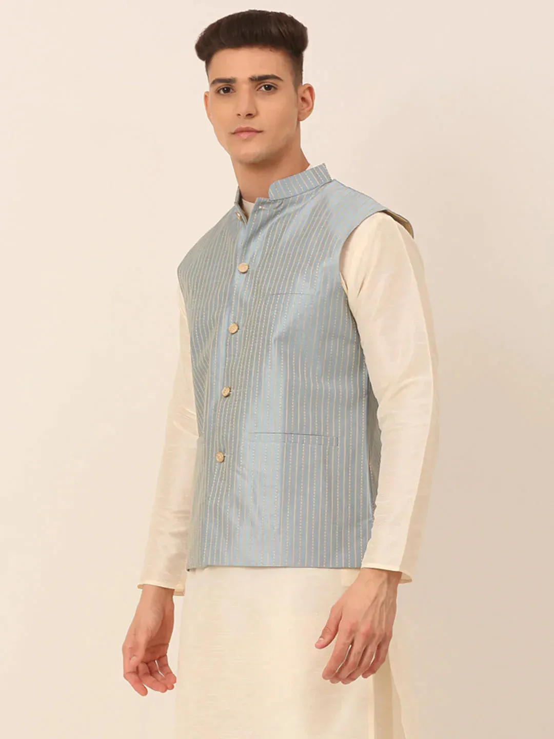 Men Blue & Golden Embroidered Nehru Jackets