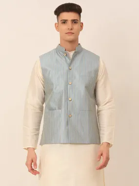 Men Blue & Golden Embroidered Nehru Jackets