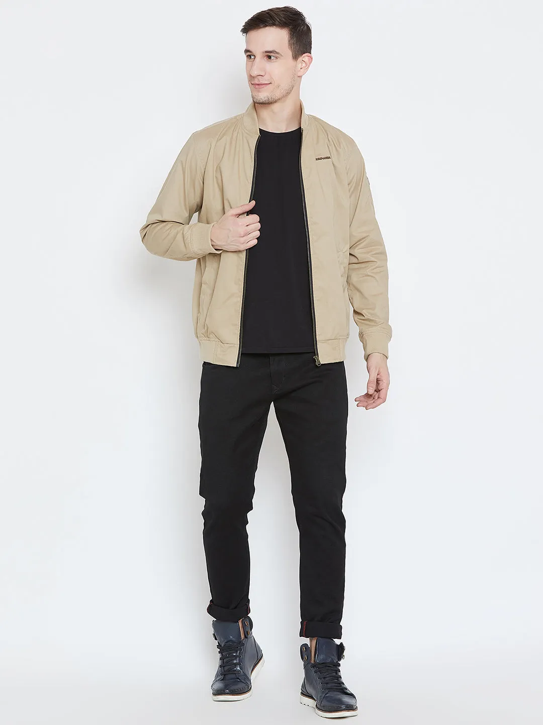 Men Casual Beige Bomber Jacket