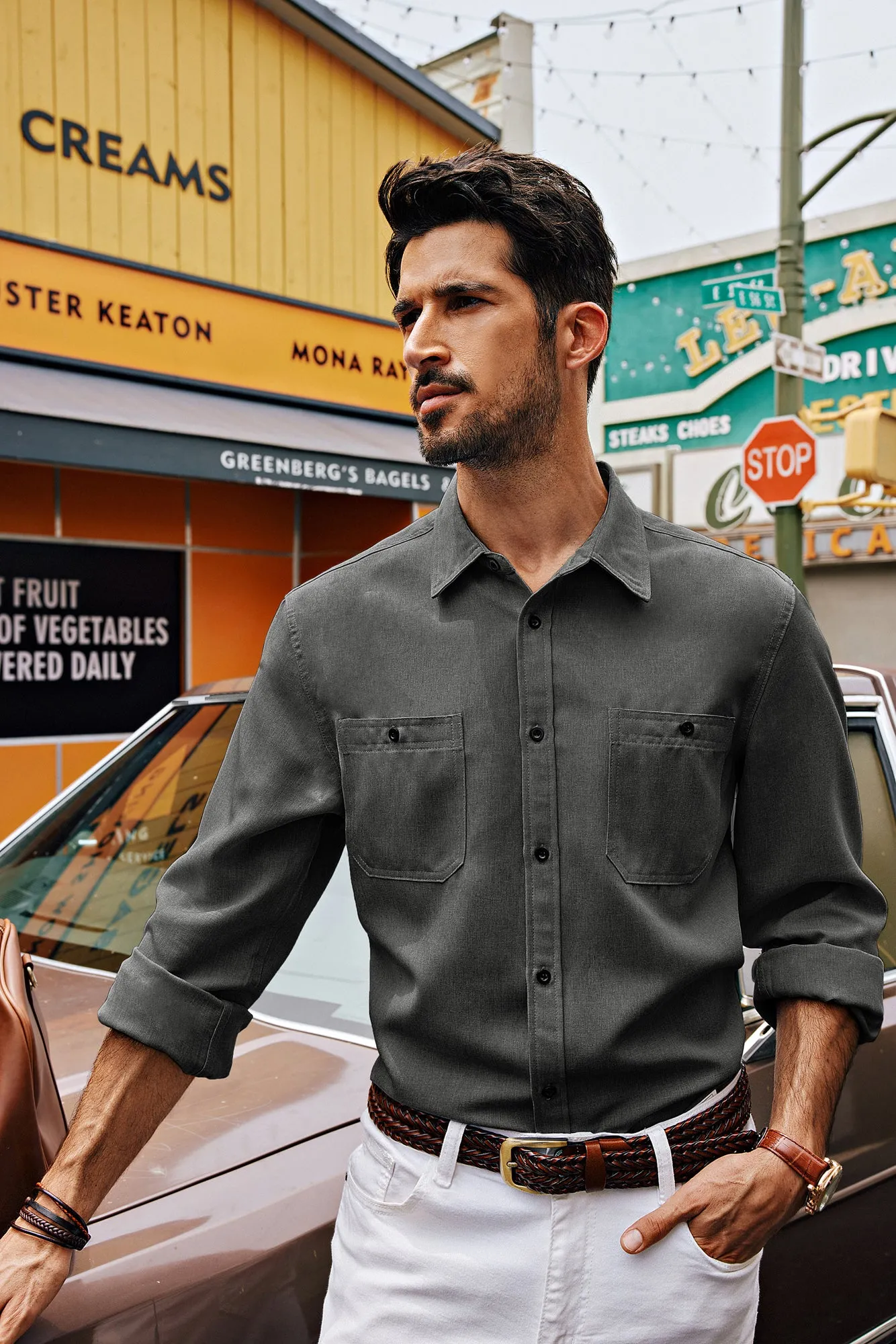 Men Curved Hem Shirt Casual Long Sleeve Classic Collar Button-up Tops