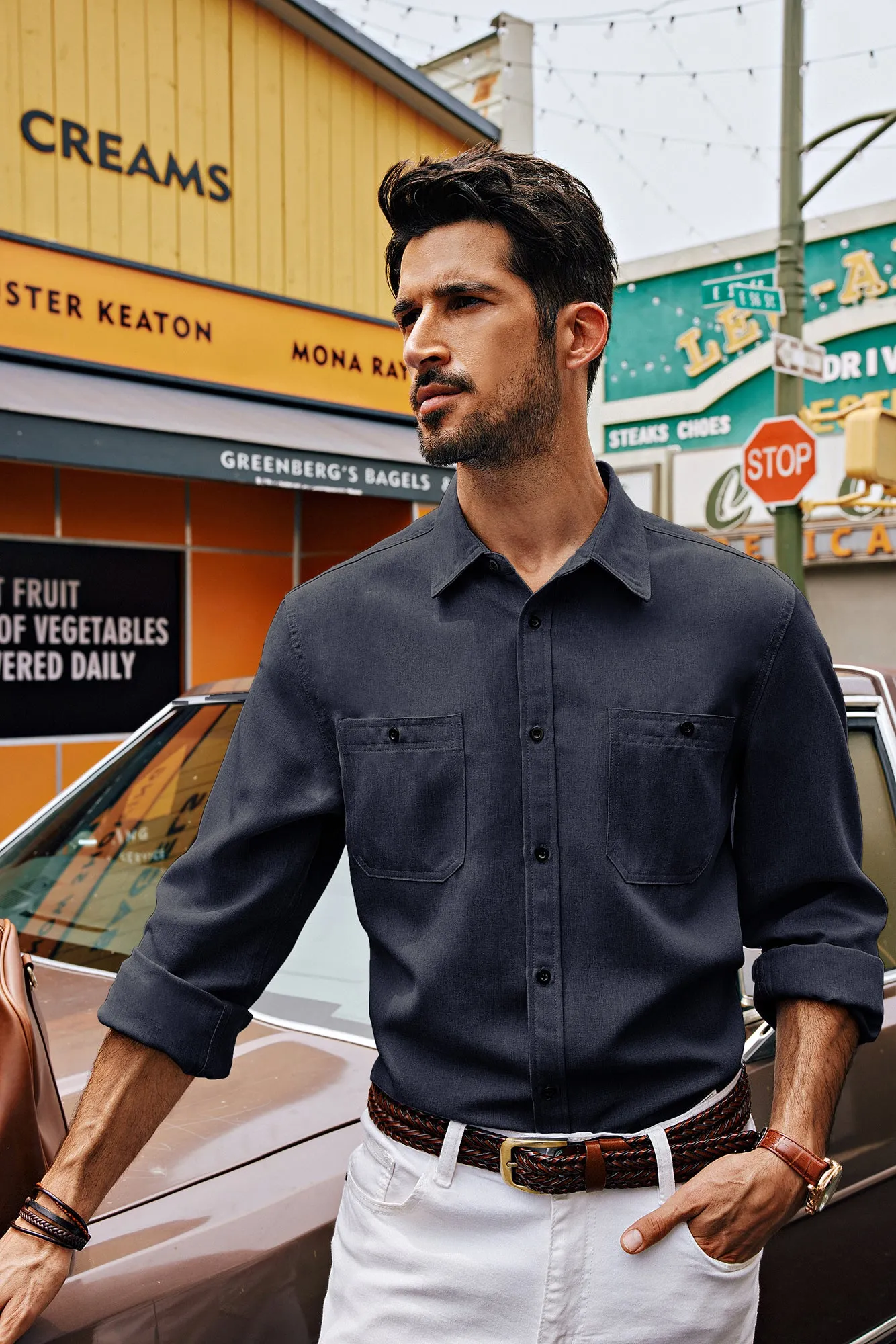 Men Curved Hem Shirt Casual Long Sleeve Classic Collar Button-up Tops