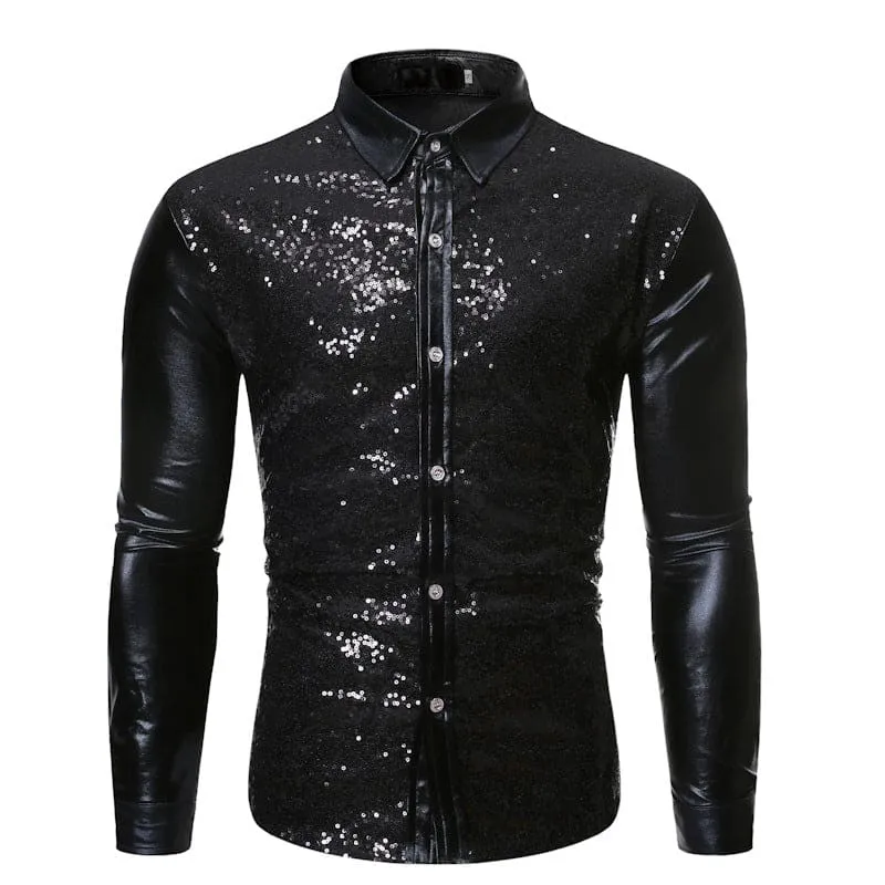 Men Solid Slim Fit Button Up Contrast Sequin Shirt