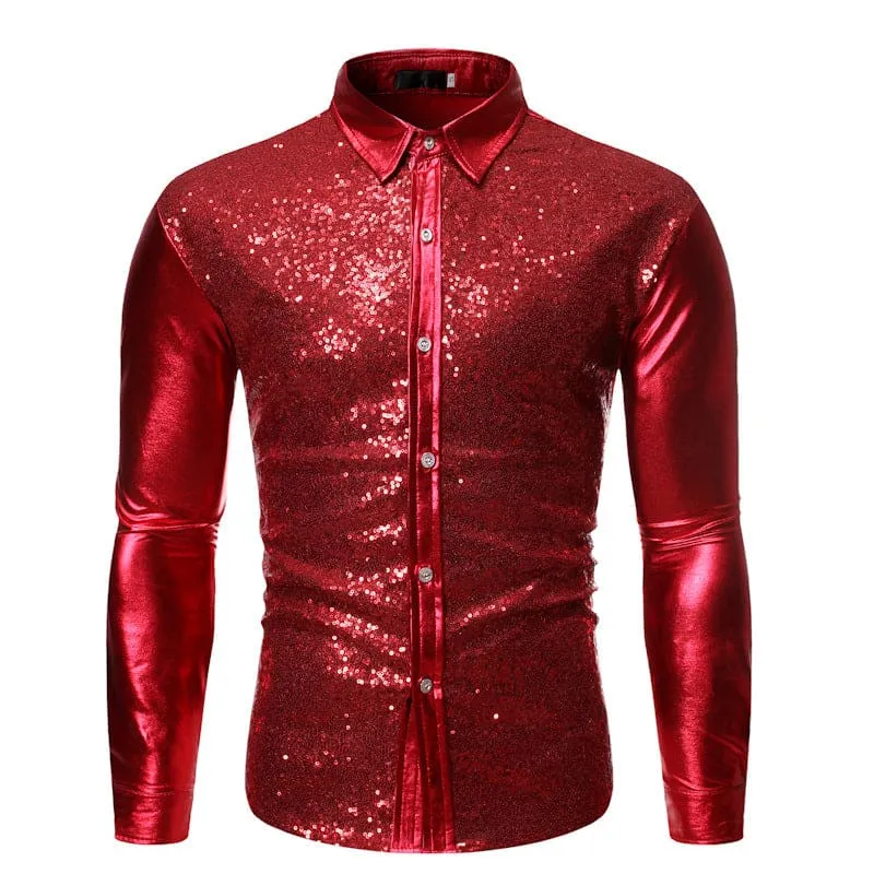 Men Solid Slim Fit Button Up Contrast Sequin Shirt