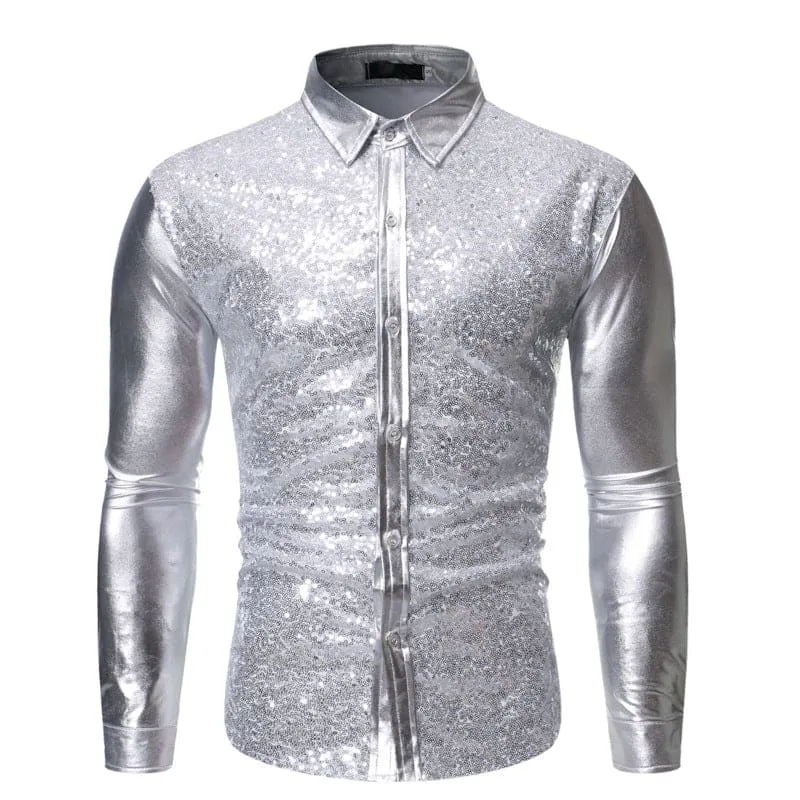 Men Solid Slim Fit Button Up Contrast Sequin Shirt