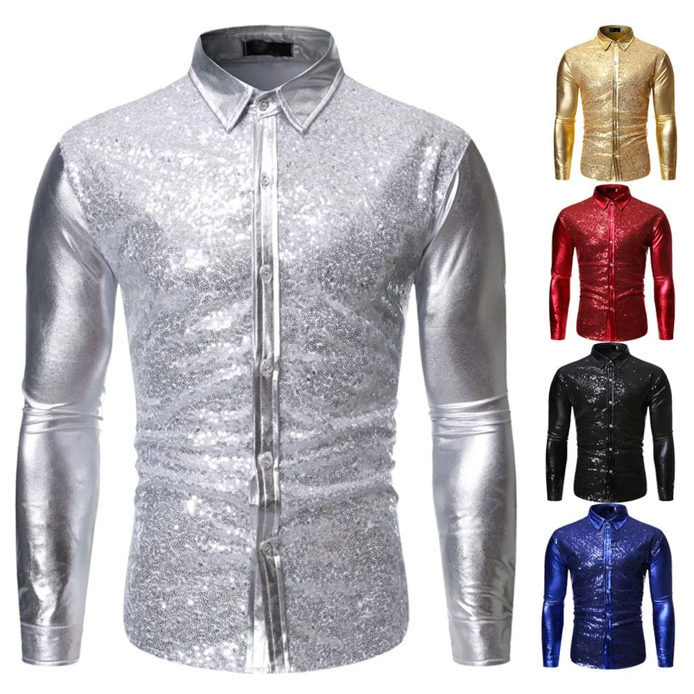 Men Solid Slim Fit Button Up Contrast Sequin Shirt