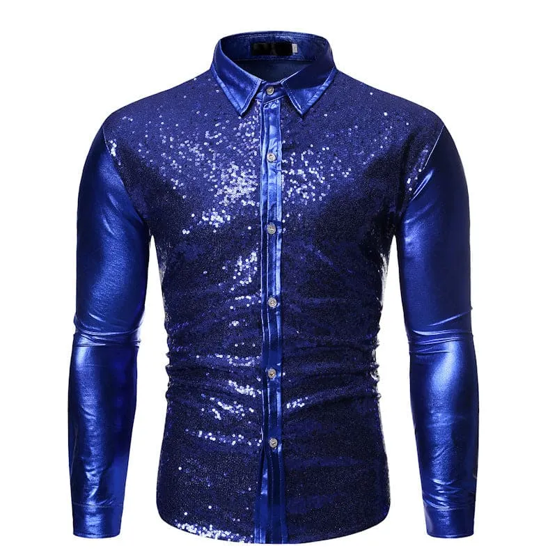 Men Solid Slim Fit Button Up Contrast Sequin Shirt