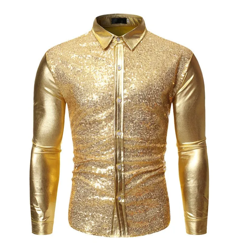 Men Solid Slim Fit Button Up Contrast Sequin Shirt