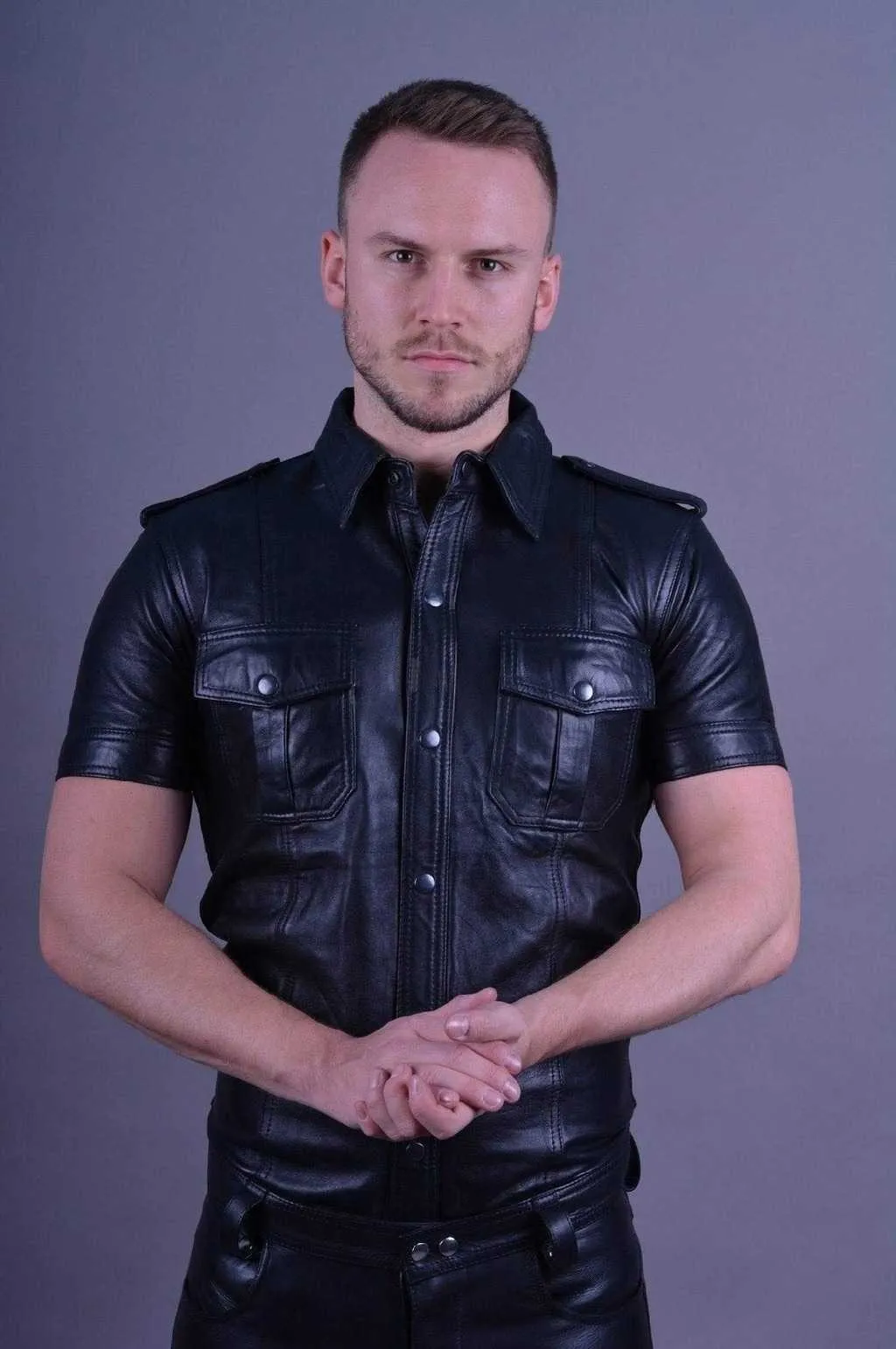 Mens Black Leather Short Sleeve Button Up Shirt