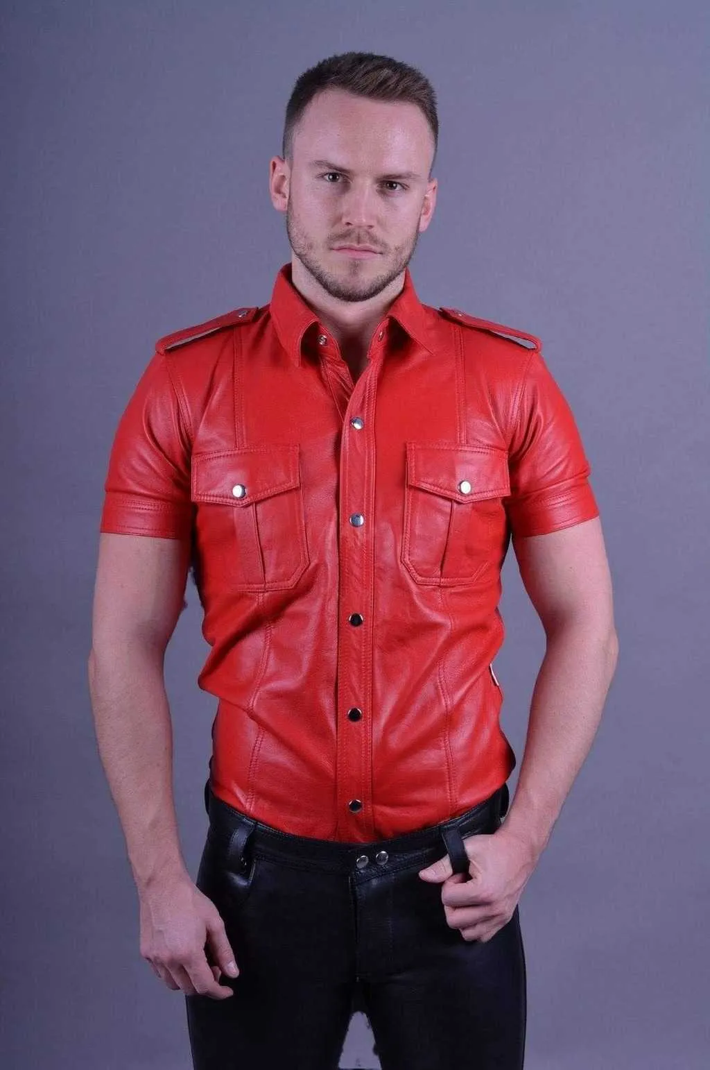 Mens Black Leather Short Sleeve Button Up Shirt