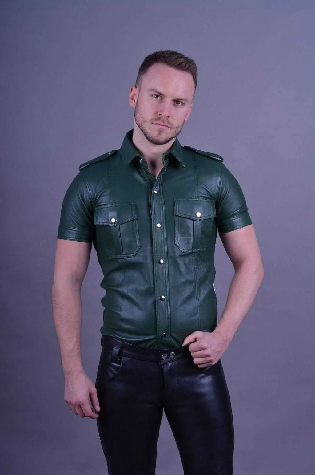 Mens Black Leather Short Sleeve Button Up Shirt