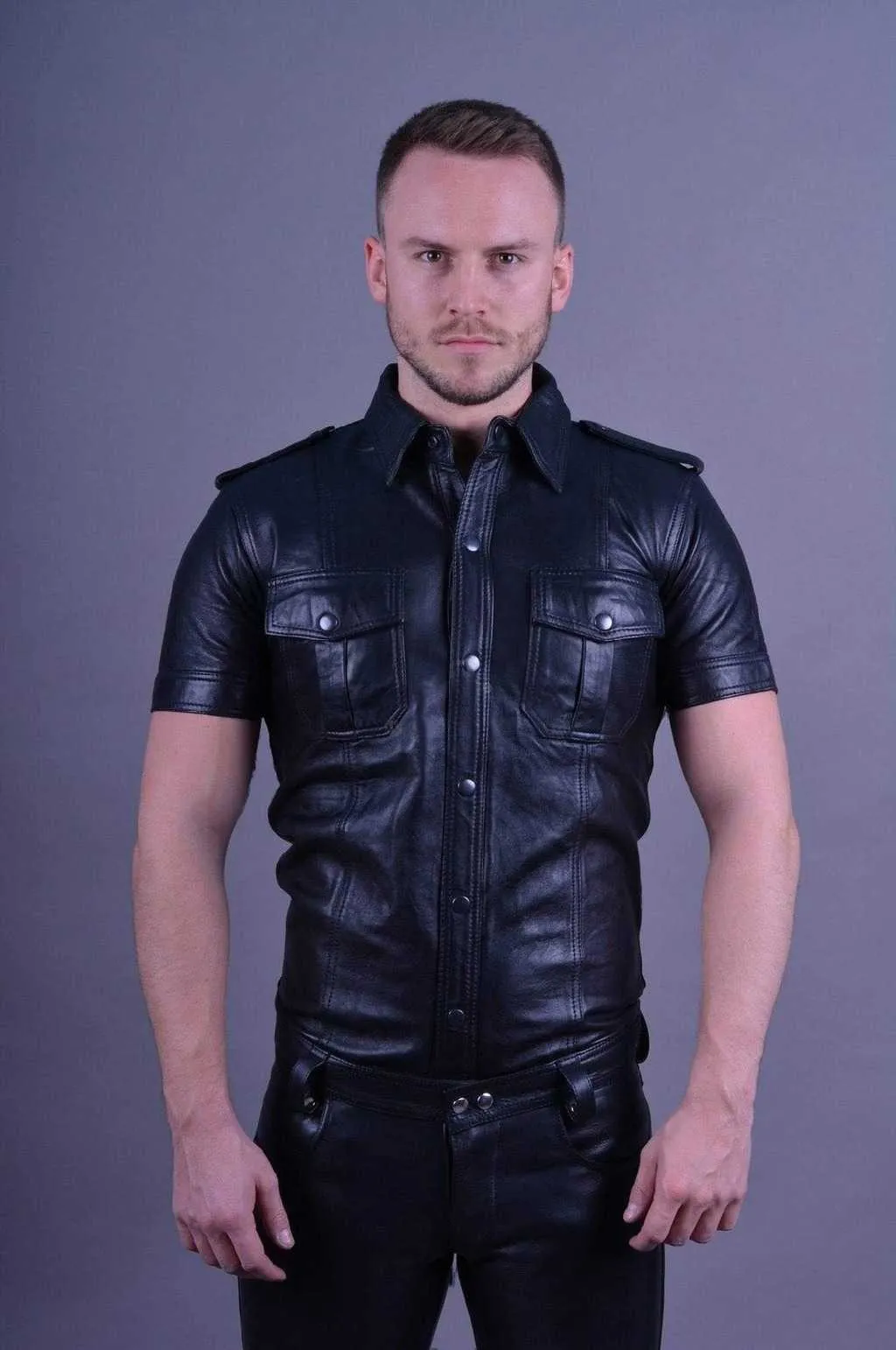 Mens Black Leather Short Sleeve Button Up Shirt