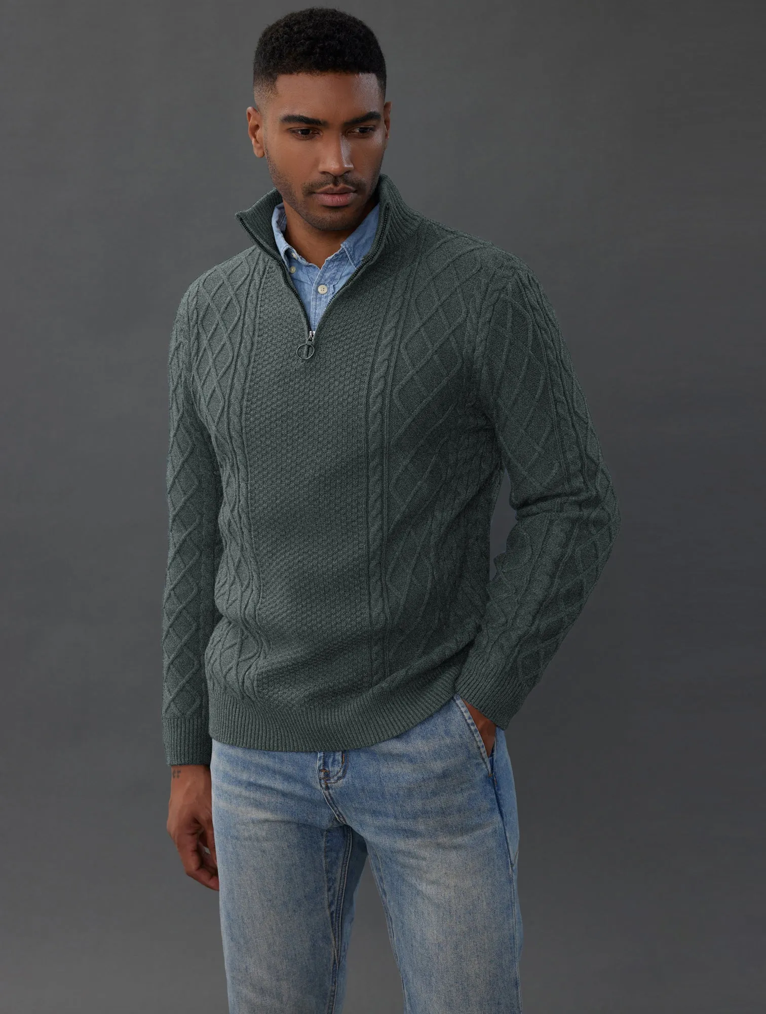 Men's Casual Quarter-Zip Sweaters Cable Knit Thermal Pullover