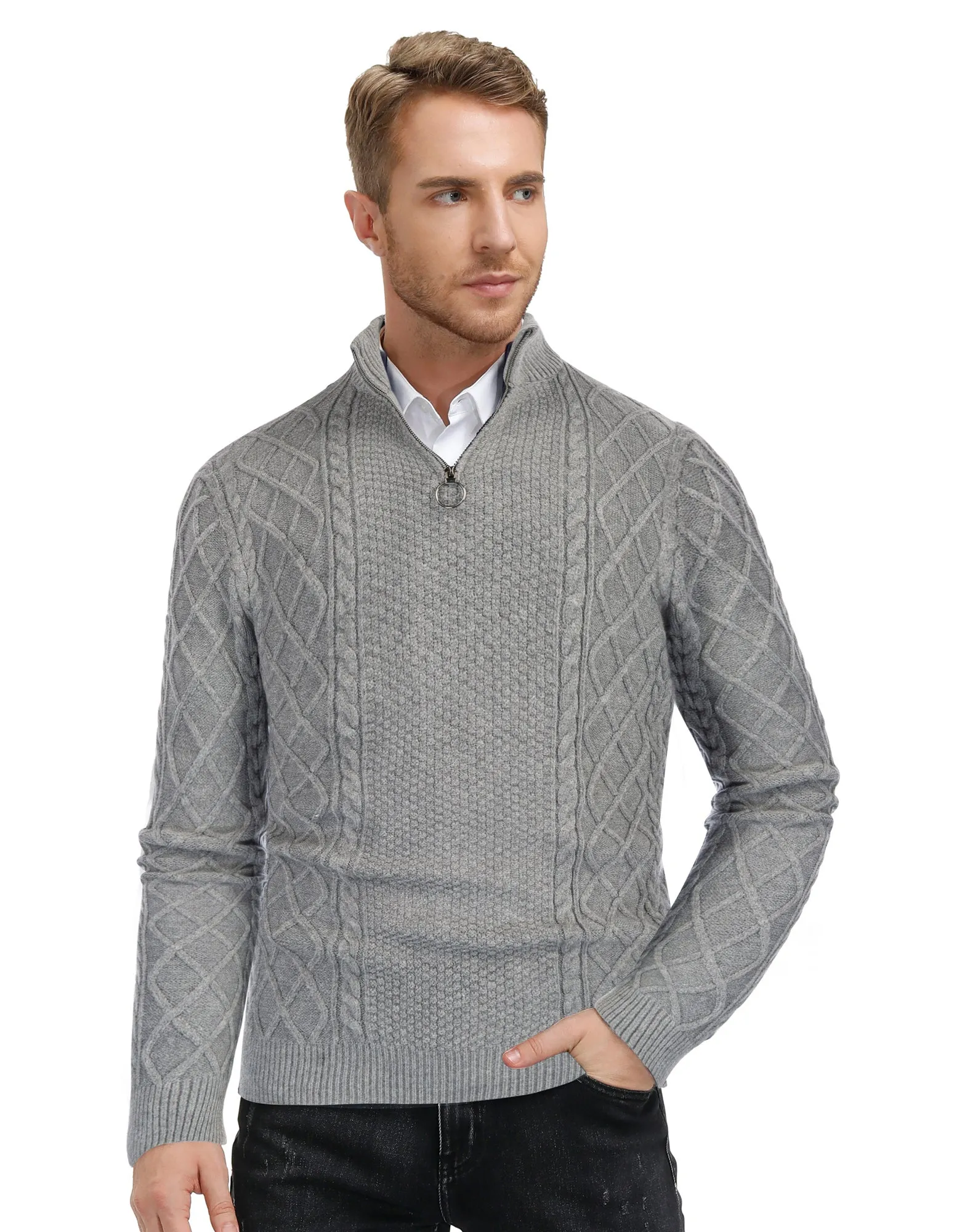 Men's Casual Quarter-Zip Sweaters Cable Knit Thermal Pullover