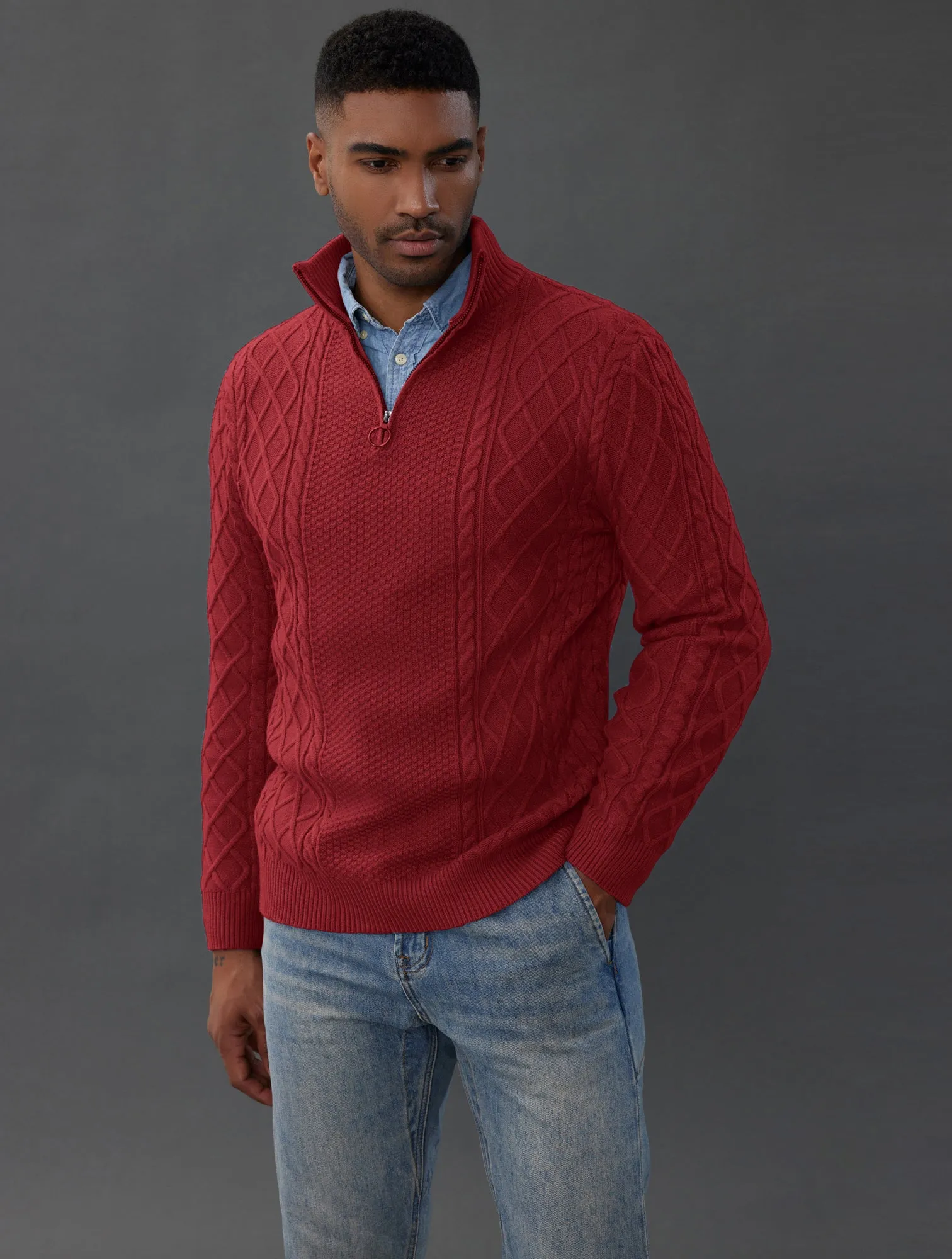 Men's Casual Quarter-Zip Sweaters Cable Knit Thermal Pullover