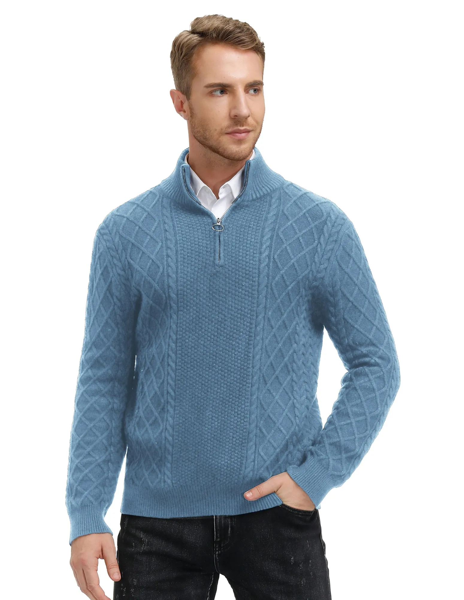 Men's Casual Quarter-Zip Sweaters Cable Knit Thermal Pullover