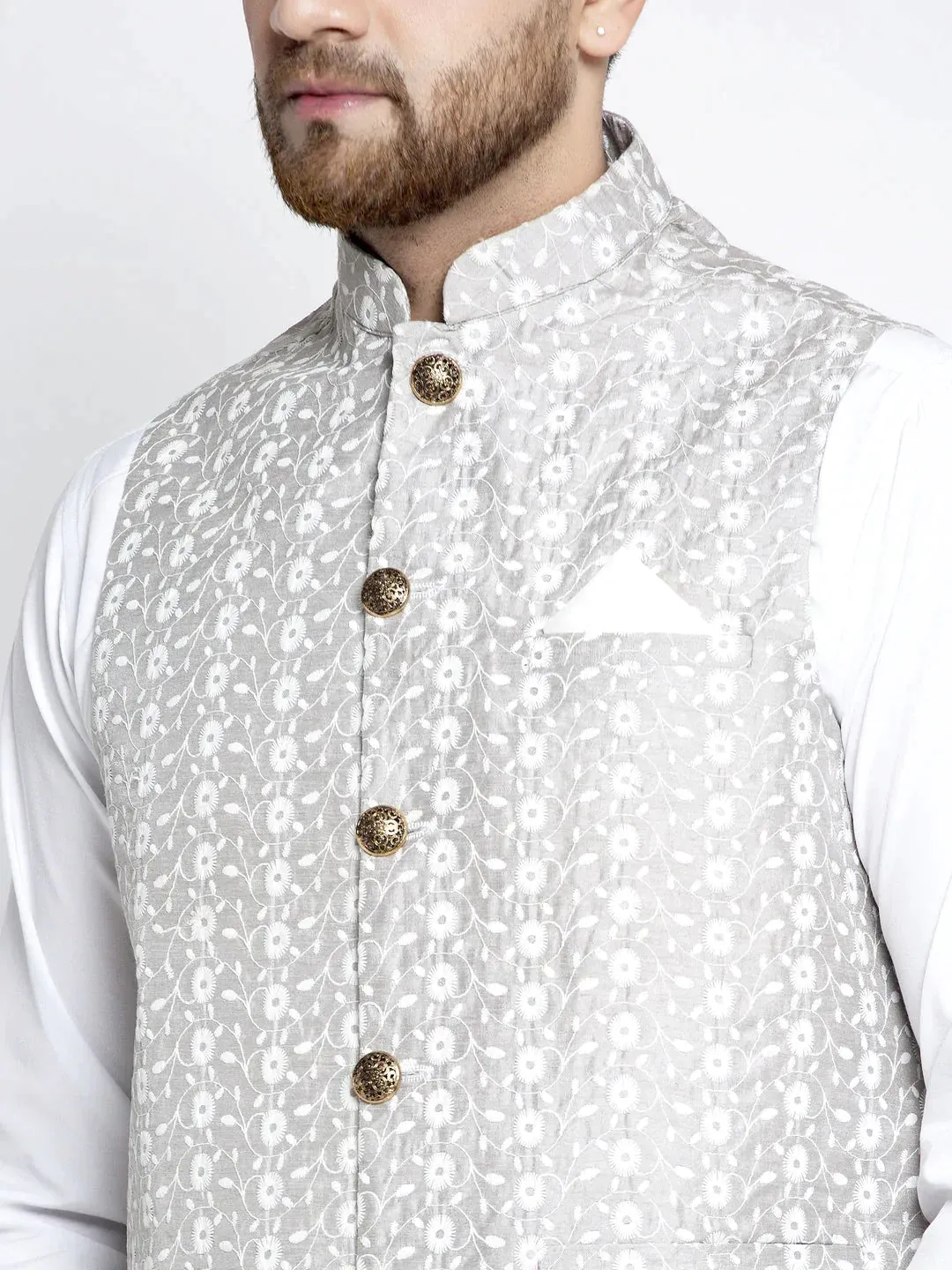 Men'S Grey Embroidered Nehru Jacket