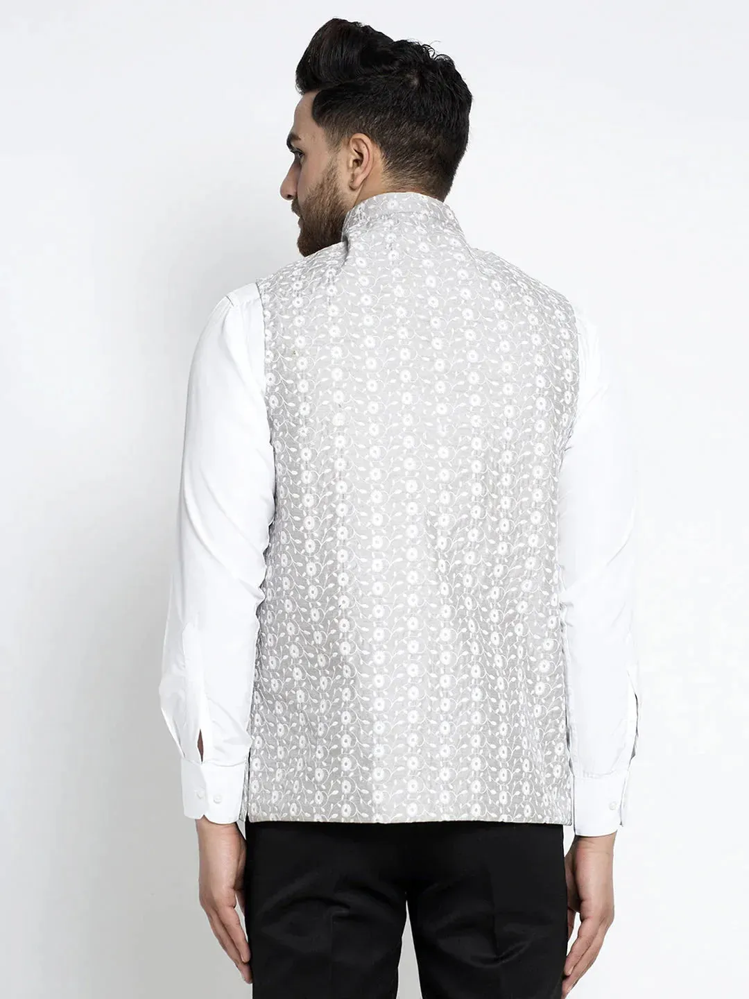 Men'S Grey Embroidered Nehru Jacket