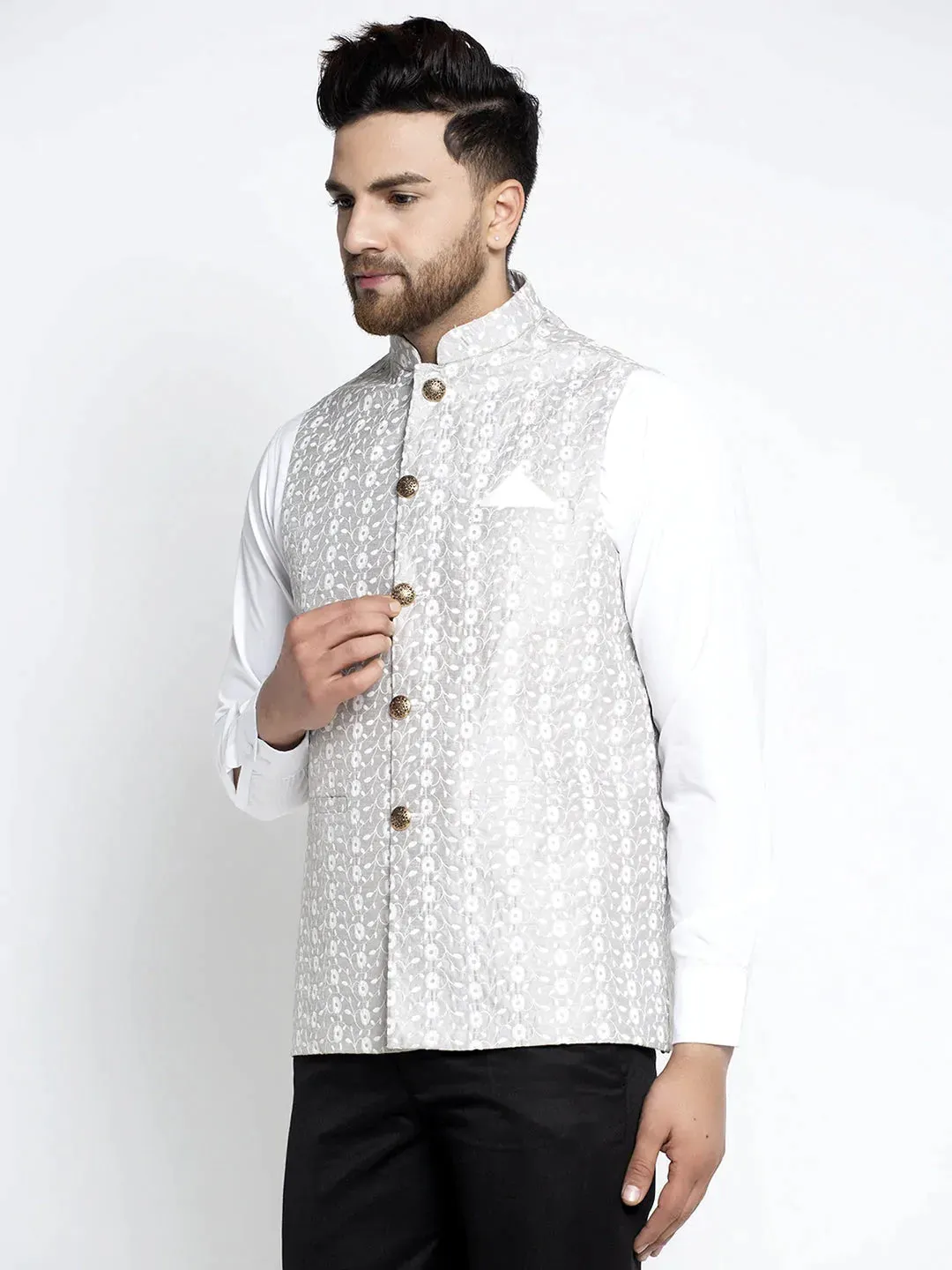 Men'S Grey Embroidered Nehru Jacket