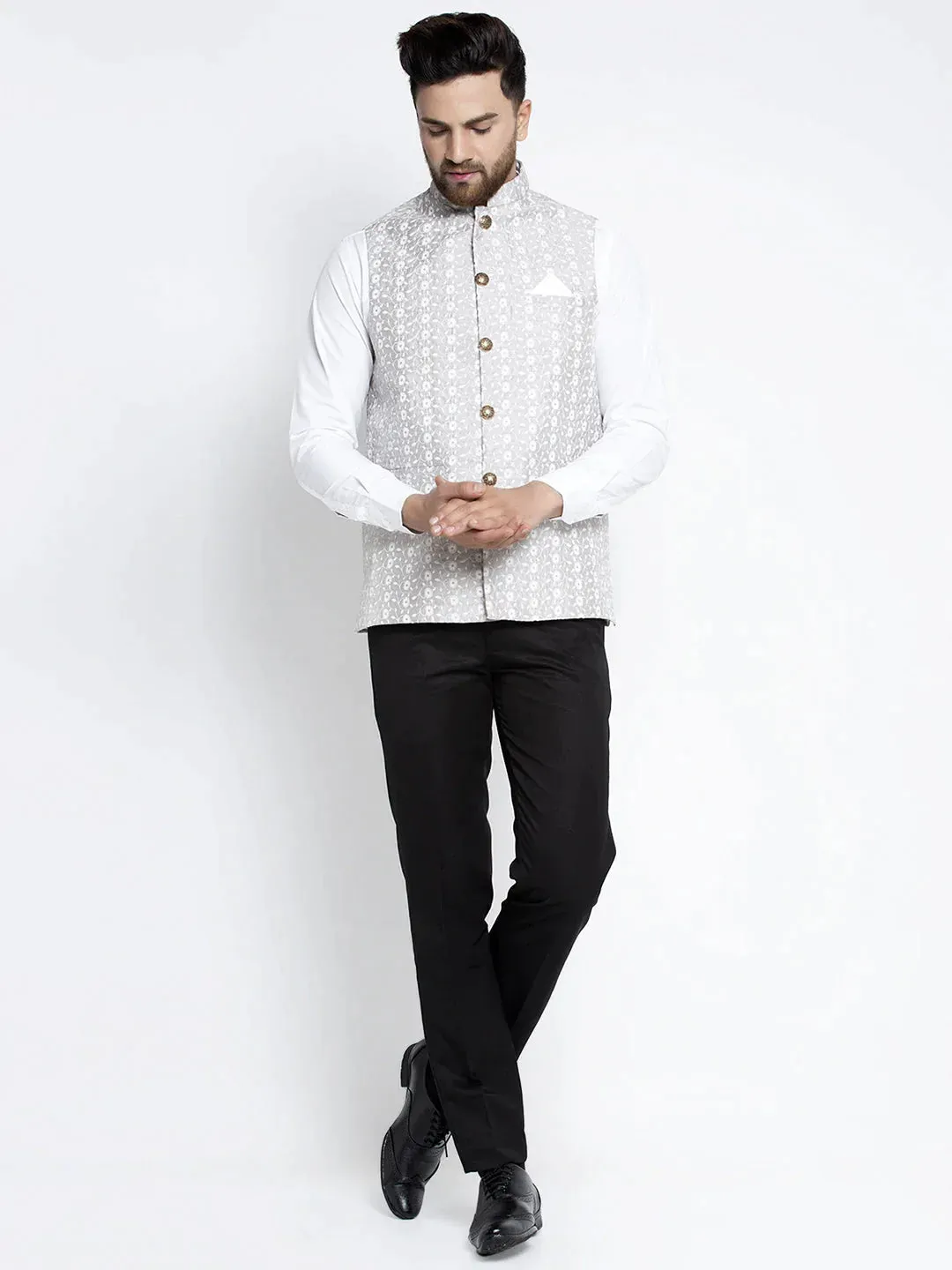 Men'S Grey Embroidered Nehru Jacket