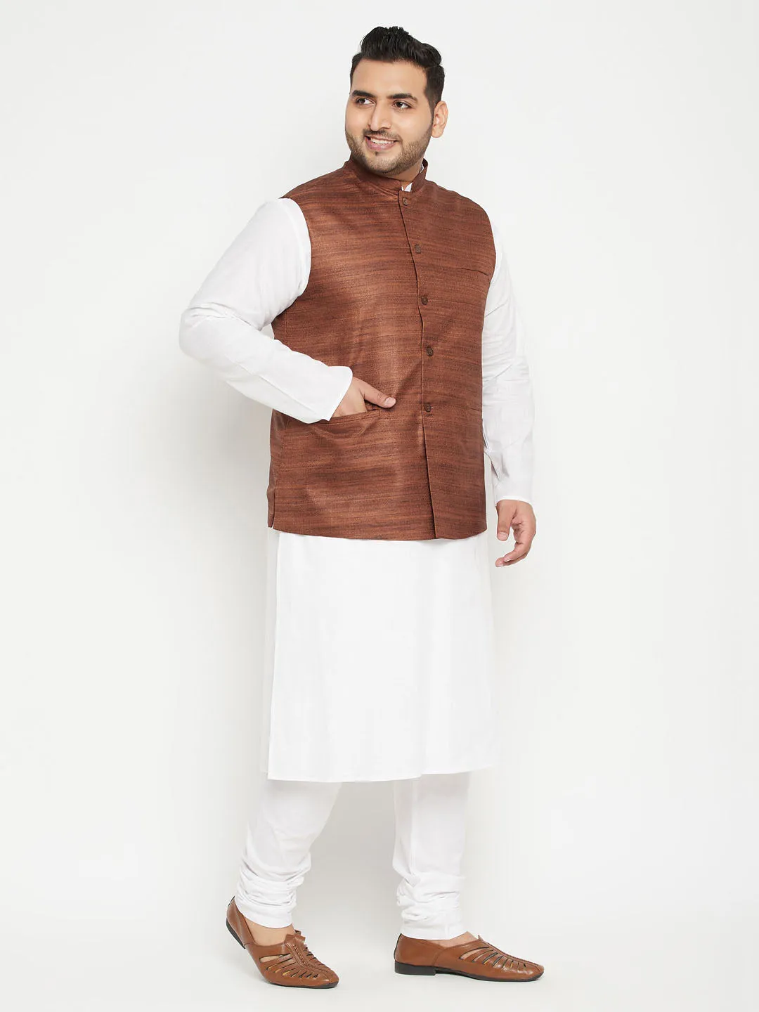 Men's Plus White, Coffee Brown And White Cotton Blend Jacket Kurta Pyjama Set - Vastramay