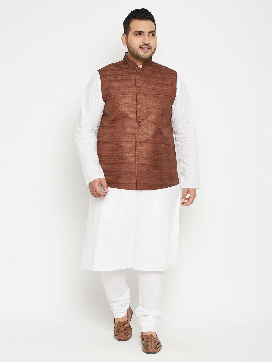 Men's Plus White, Coffee Brown And White Cotton Blend Jacket Kurta Pyjama Set - Vastramay