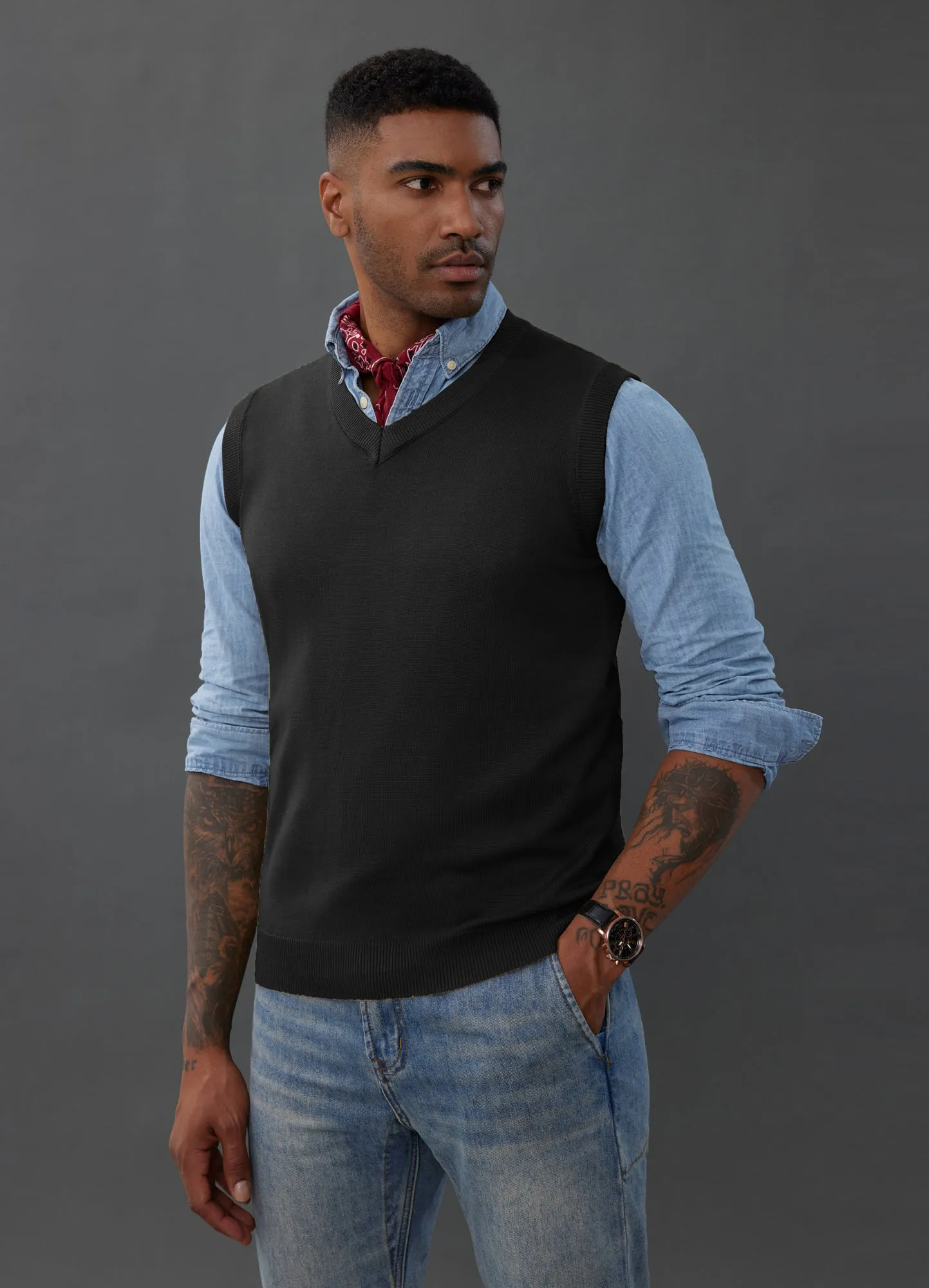 Mens V-Neck Knitted Sweater Vest Solid Plain Sleeveless Pullover Knitwear