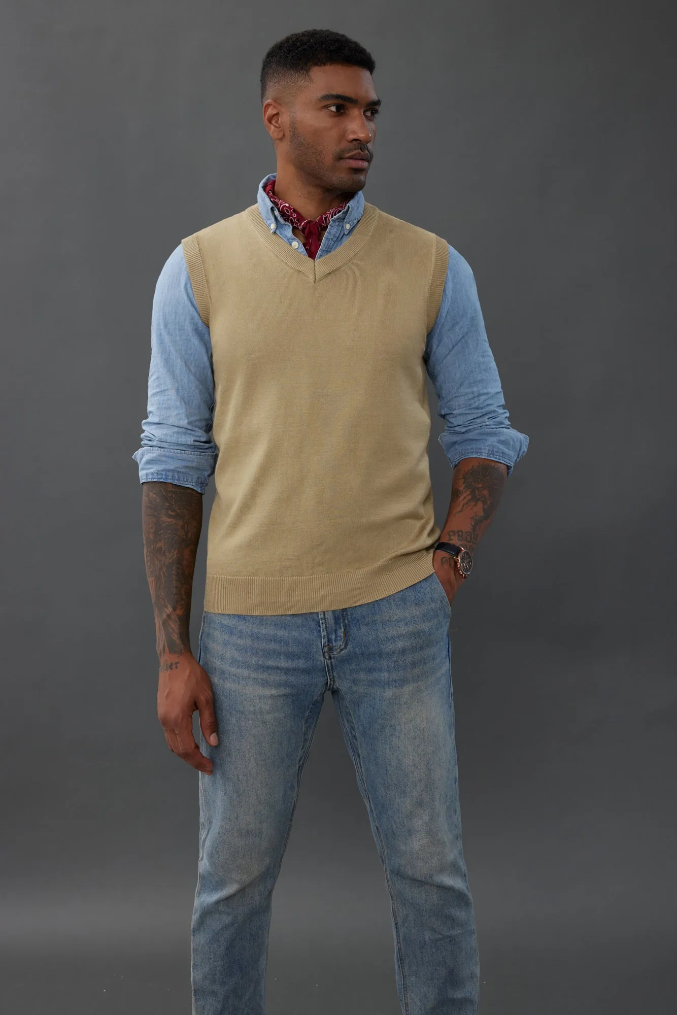 Mens V-Neck Knitted Sweater Vest Solid Plain Sleeveless Pullover Knitwear