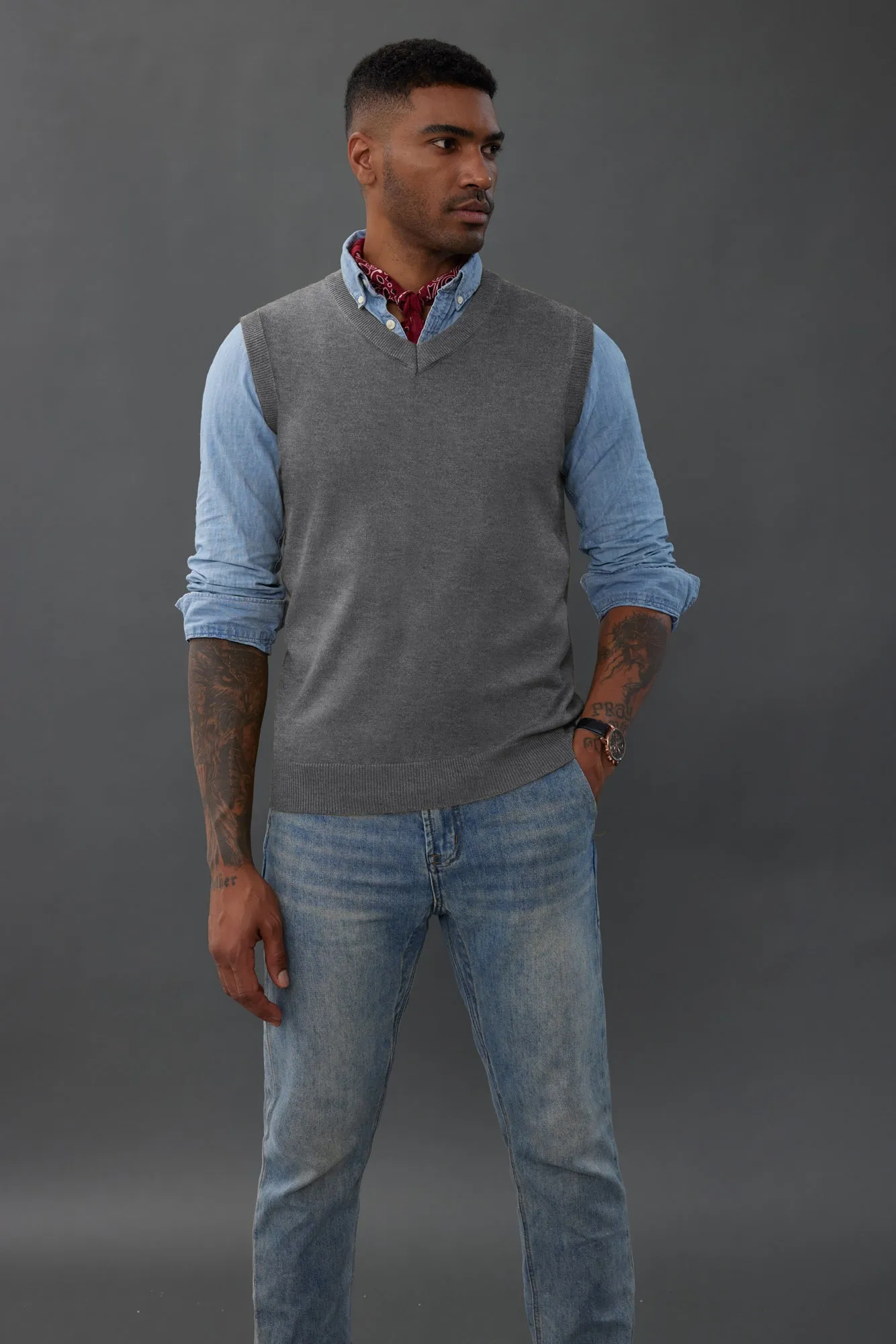 Mens V-Neck Knitted Sweater Vest Solid Plain Sleeveless Pullover Knitwear