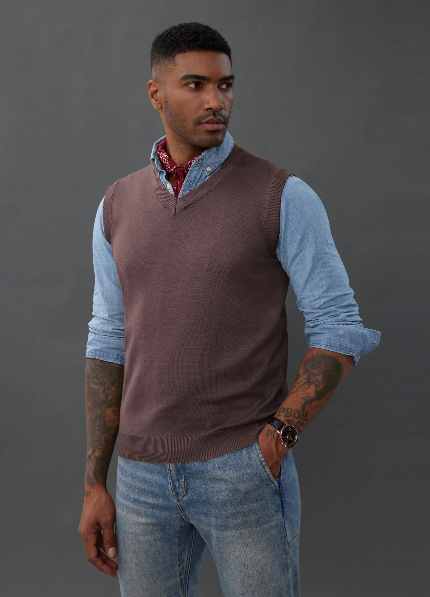 Mens V-Neck Knitted Sweater Vest Solid Plain Sleeveless Pullover Knitwear