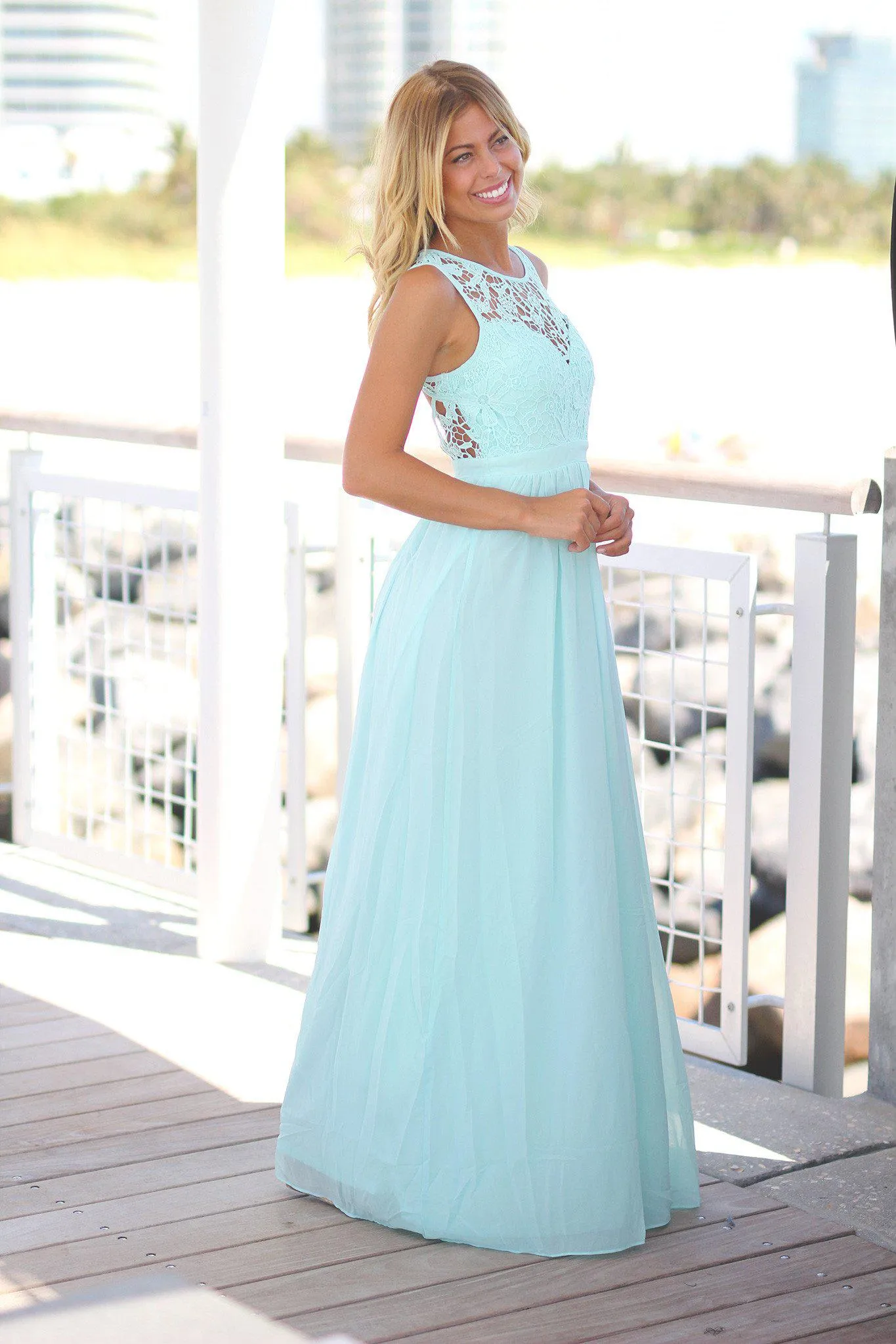 Mint Crochet Maxi Dress with Open Back