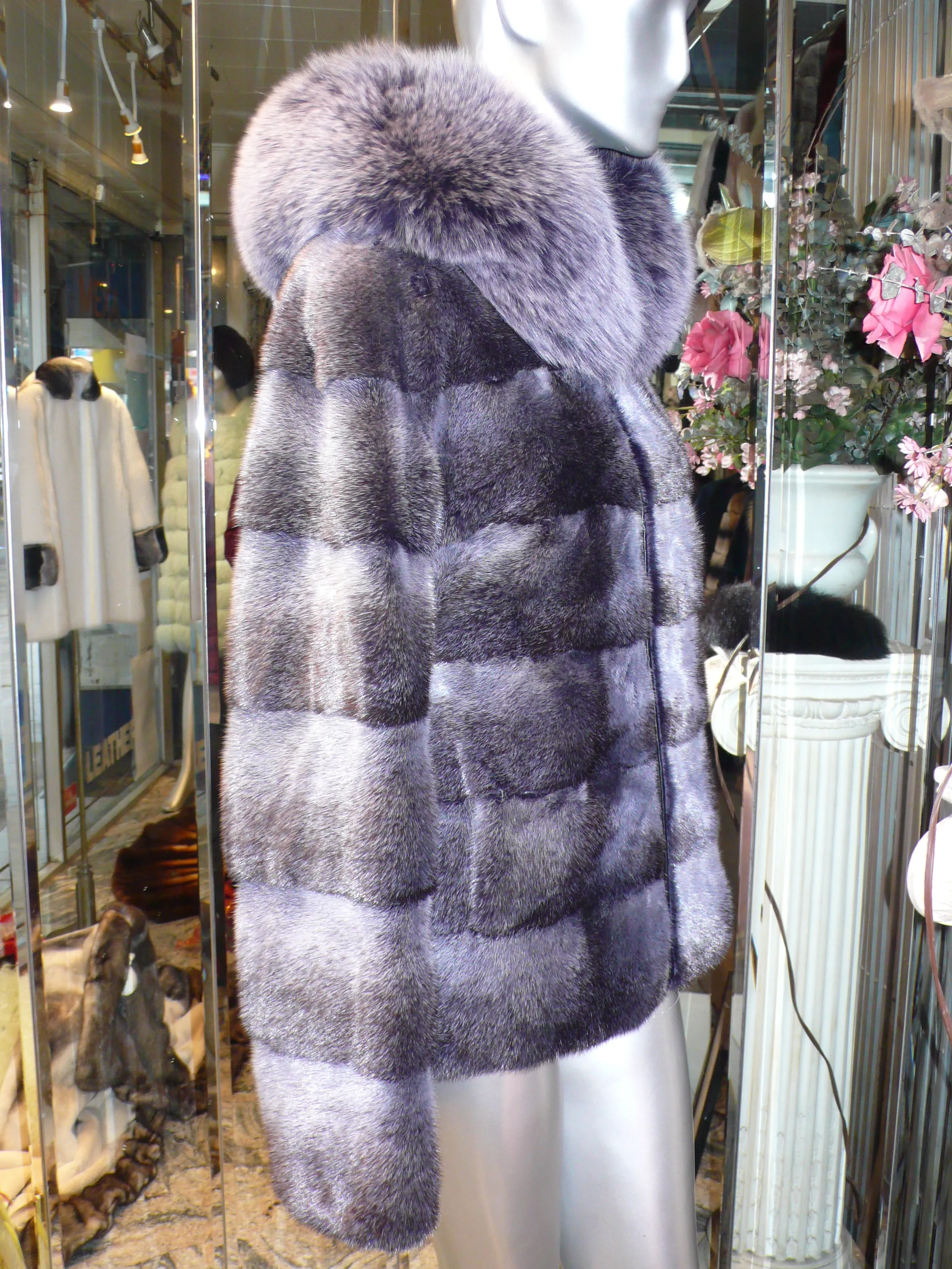 Modern Two-Tone Mink Fur Jacket with Full Fox Fur Trim Hood Dark Lavender