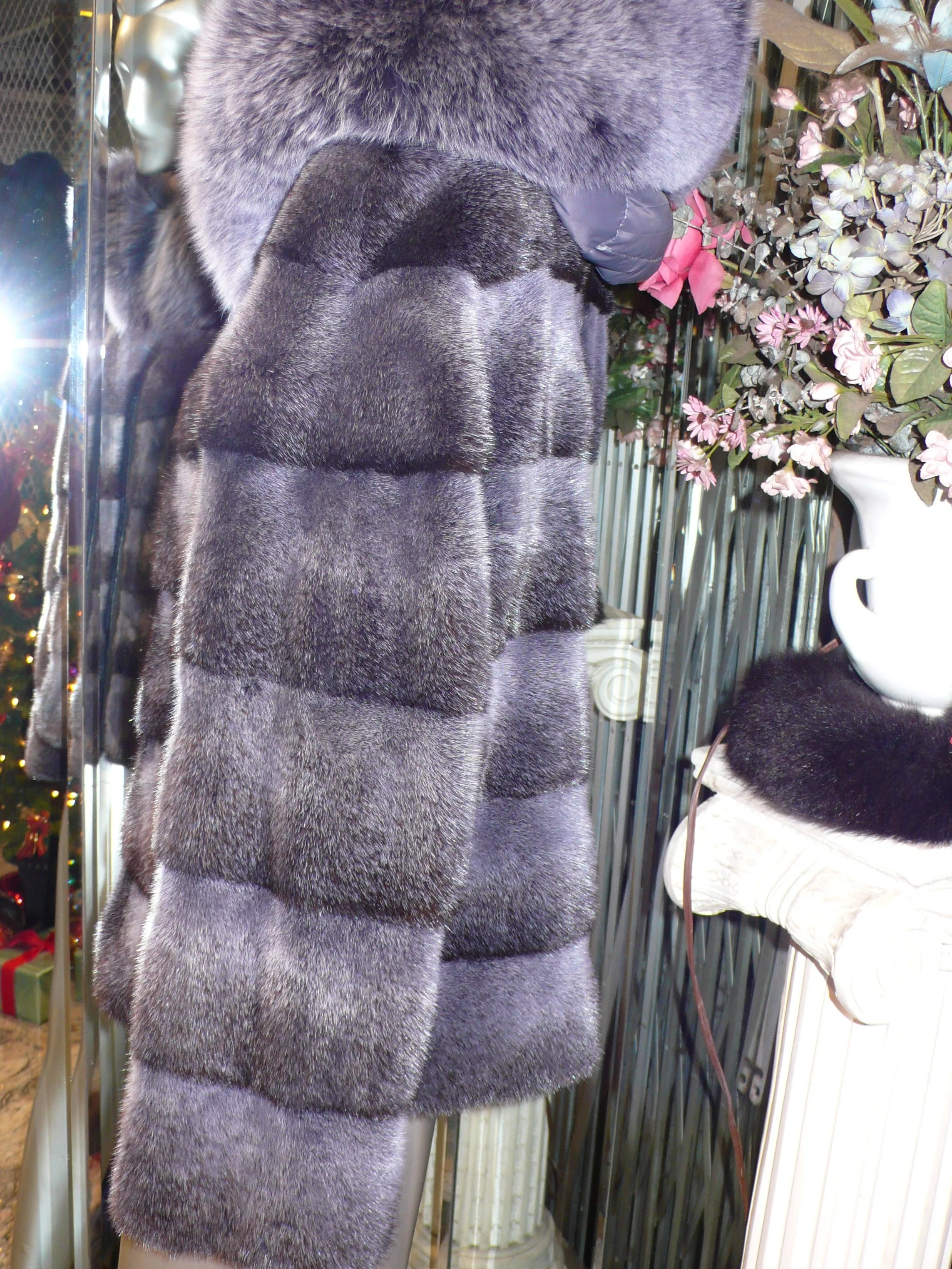 Modern Two-Tone Mink Fur Jacket with Full Fox Fur Trim Hood Dark Lavender