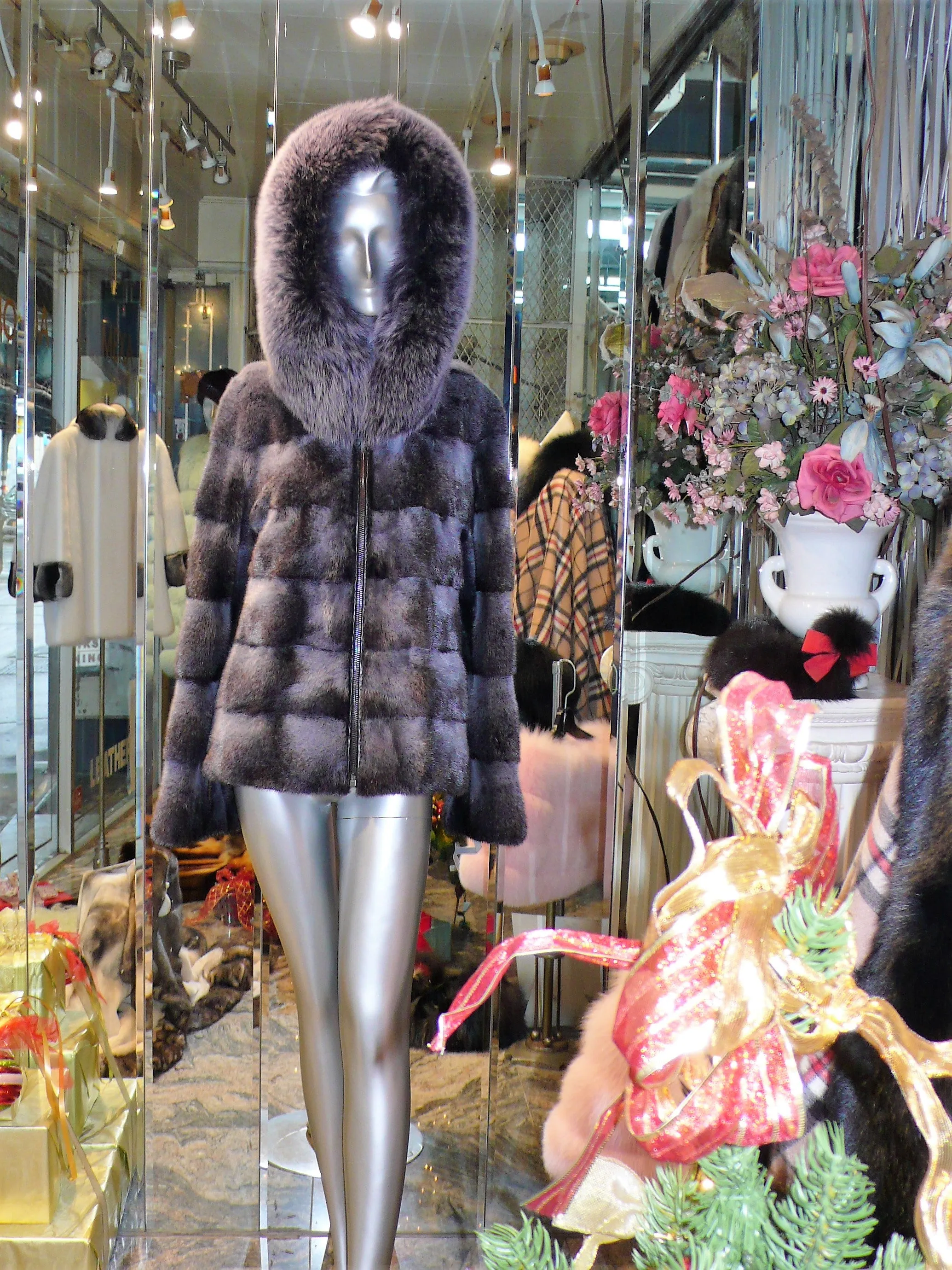 Modern Two-Tone Mink Fur Jacket with Full Fox Fur Trim Hood Dark Lavender