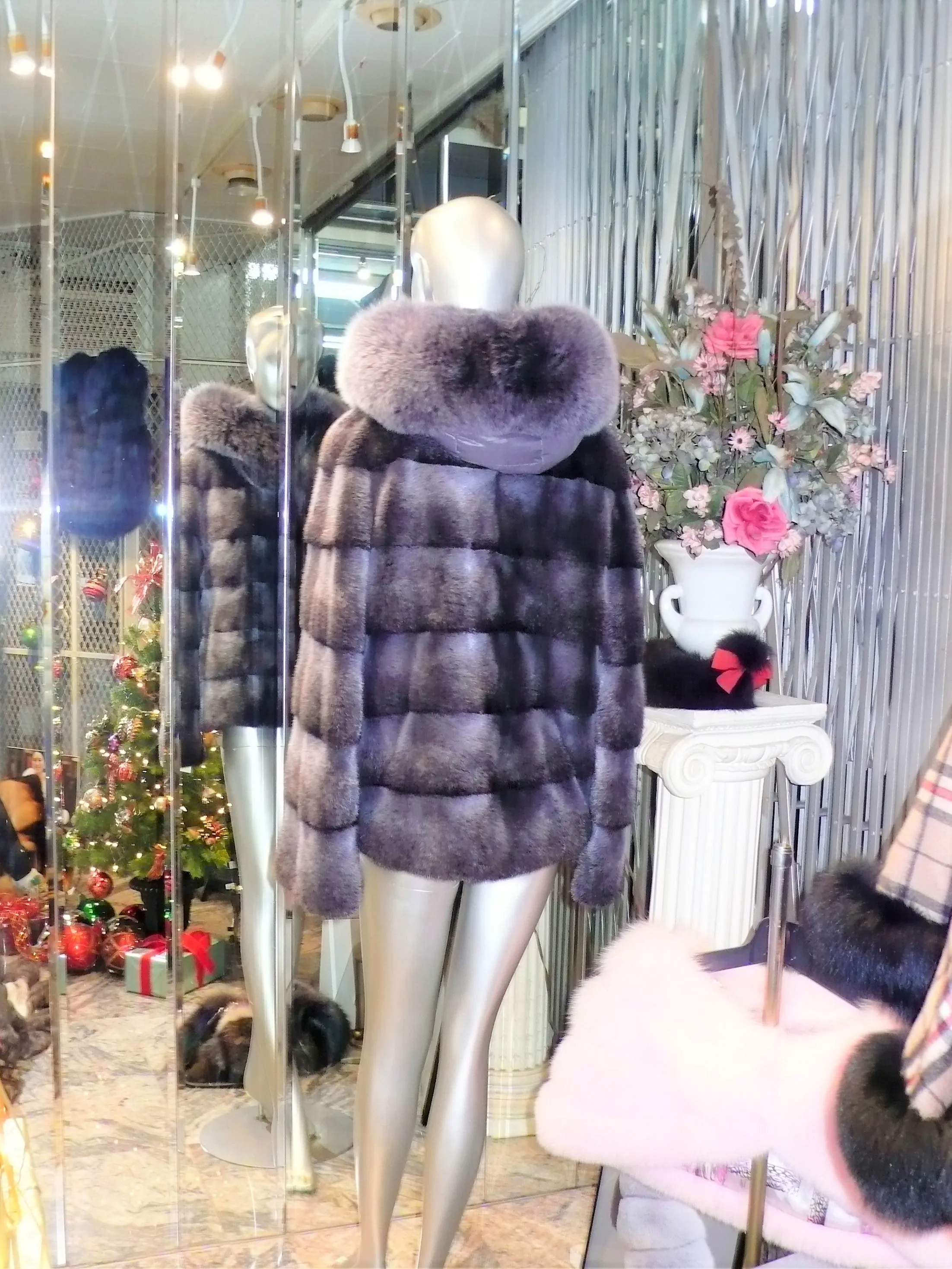 Modern Two-Tone Mink Fur Jacket with Full Fox Fur Trim Hood Dark Lavender