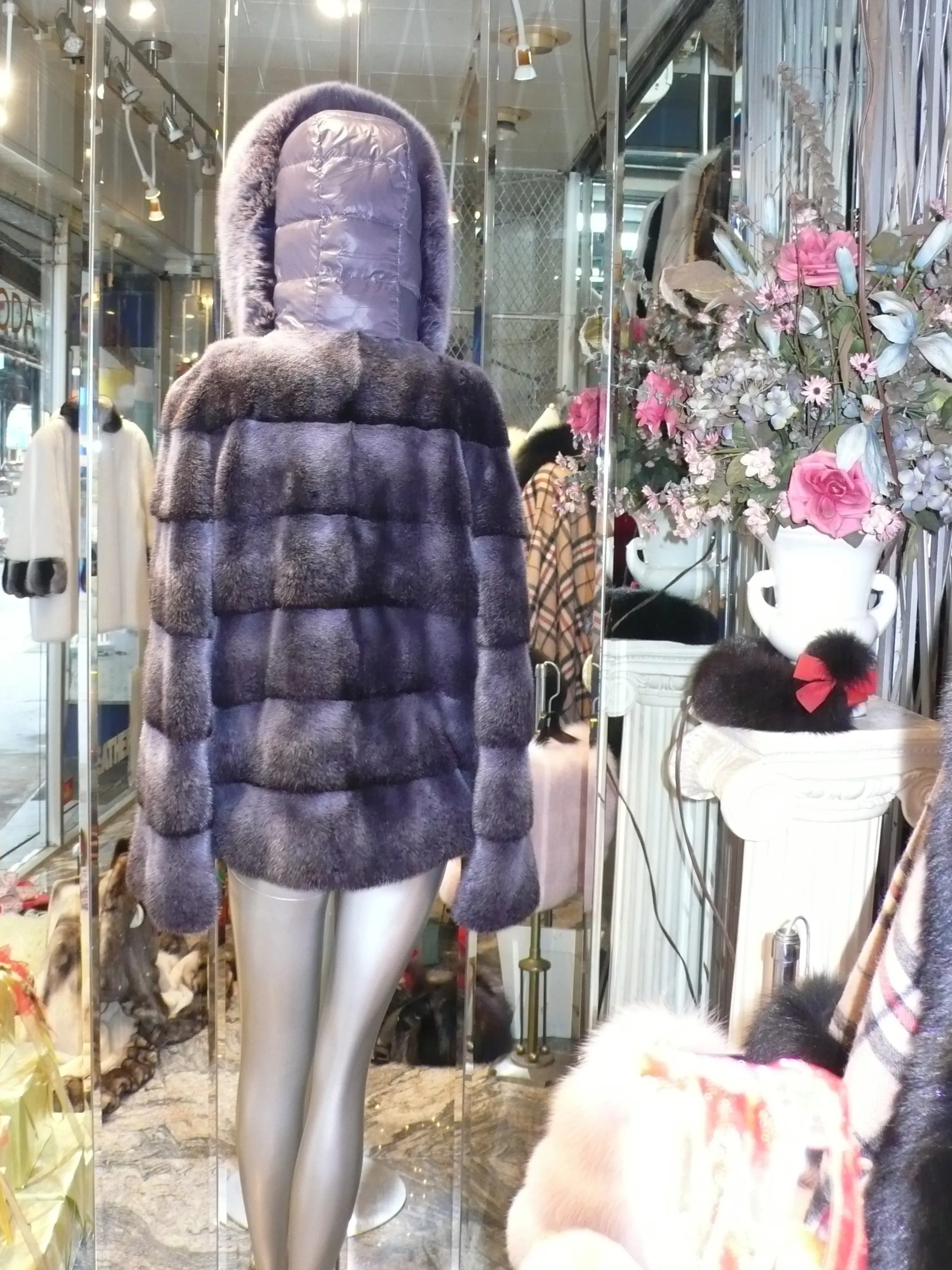 Modern Two-Tone Mink Fur Jacket with Full Fox Fur Trim Hood Dark Lavender