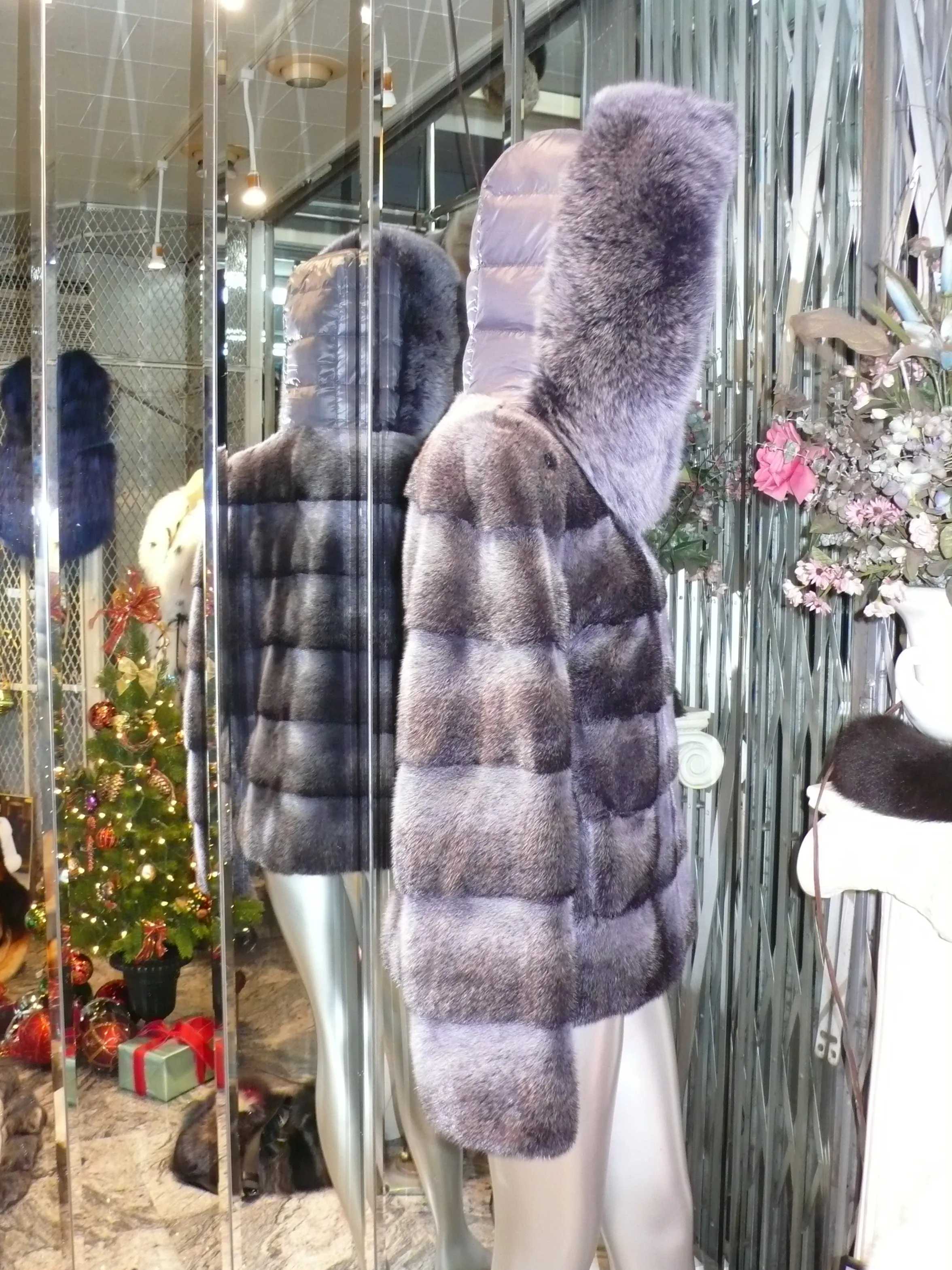 Modern Two-Tone Mink Fur Jacket with Full Fox Fur Trim Hood Dark Lavender